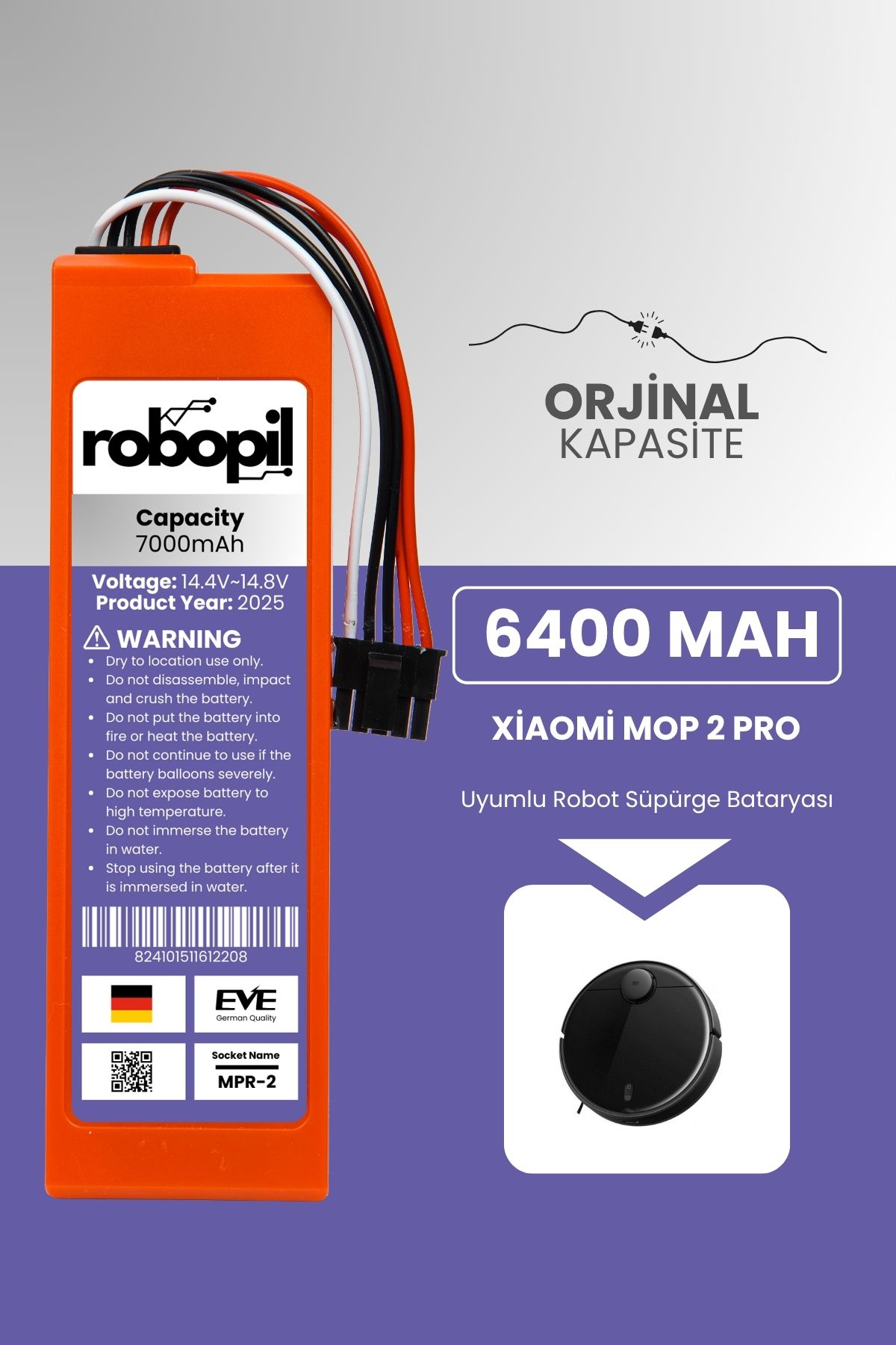 ROBOPİL Xiaomi Mop 2 Pro Uyumlu Batarya [Maksimum Kapasite] 7000mah Akıllı Robot Süpürge Bataryası