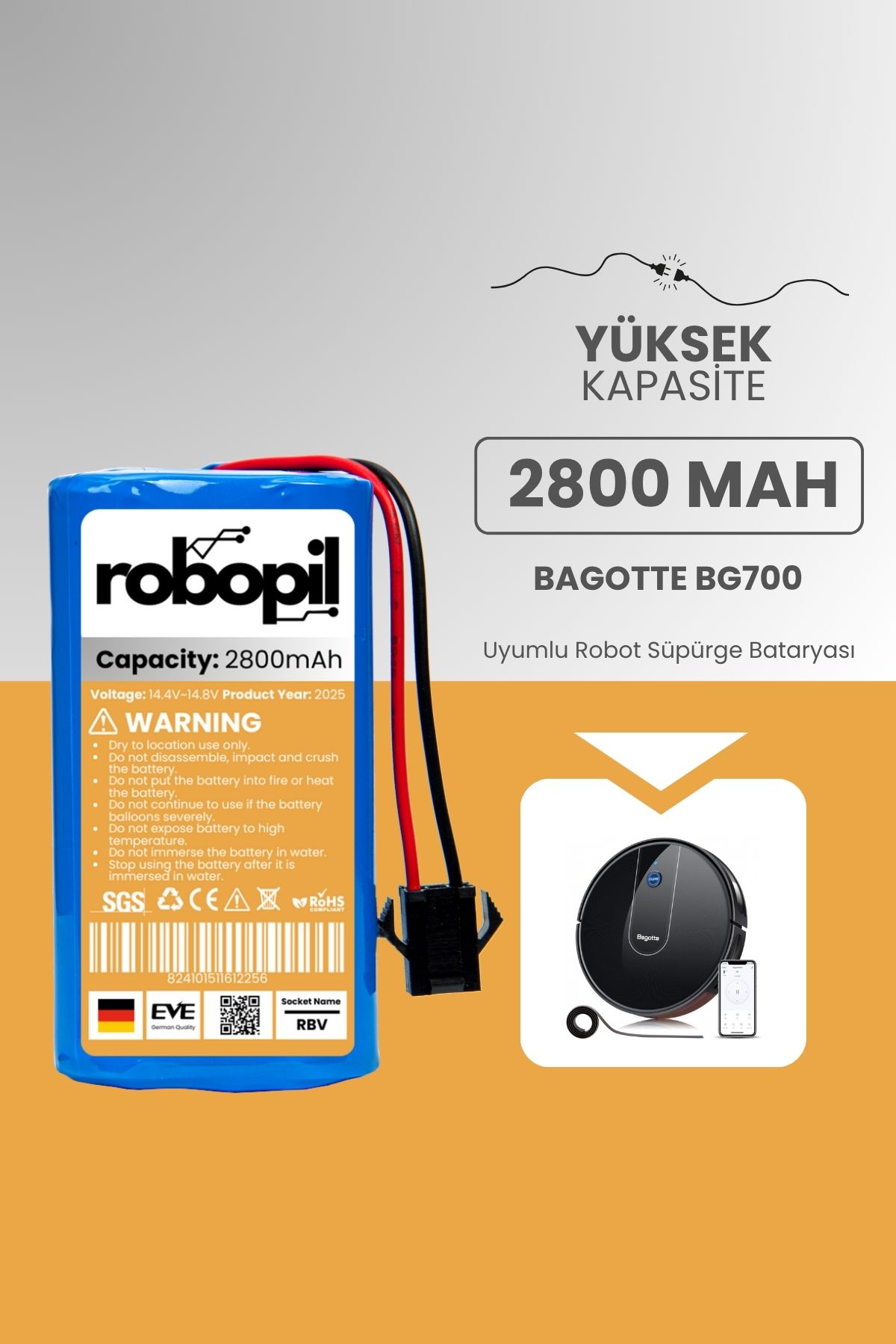 ROBOPİL Bagotte Bg700 Pil Batarya [Yüksek Kapasite] 2800mah Akıllı Robot Süpürge Bataryası Değişimi
