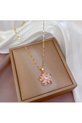 Kaan Accessoire Pembe Çiçekli Altın Renkli Zincirli Çelik Kolye