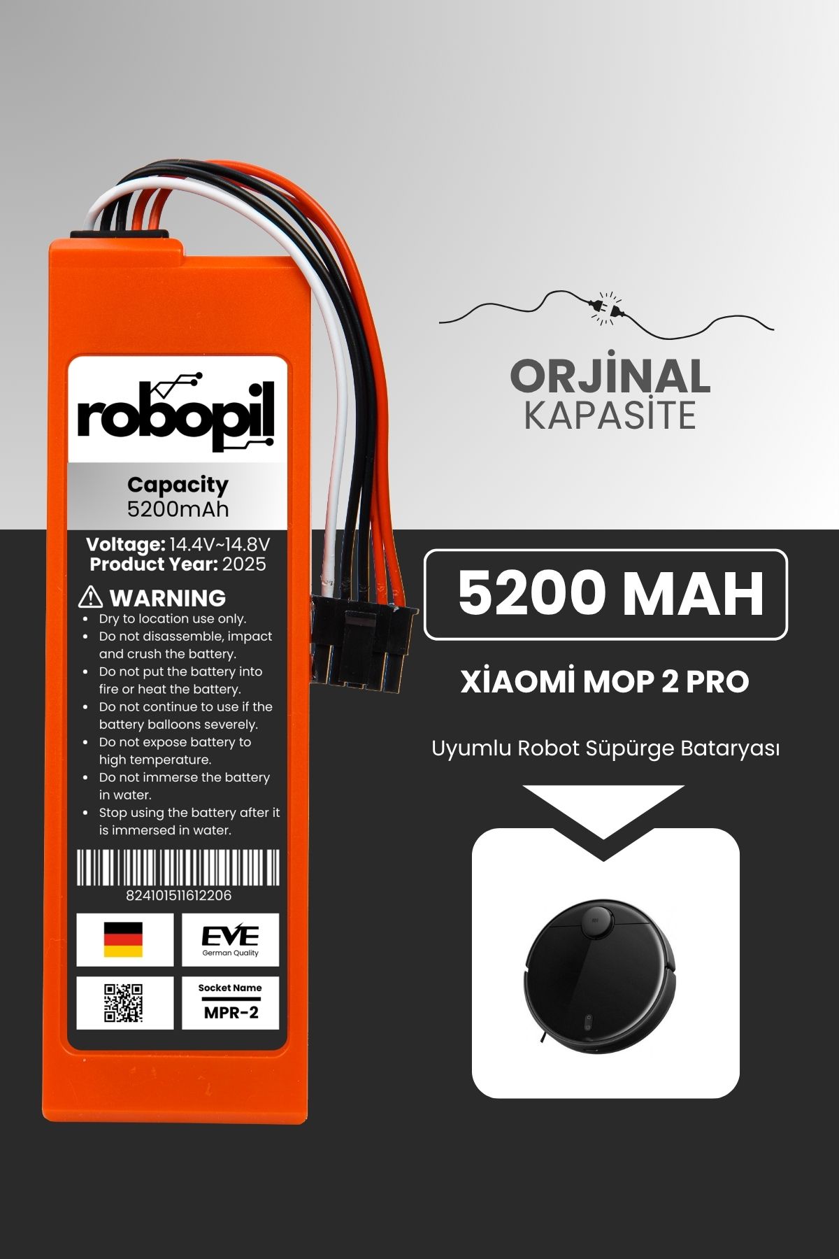 ROBOPİL Xiaomi Mop 2 Pro Uyumlu Batarya [Standart Kapasite] 5200mah Akıllı Robot Süpürge Bataryası