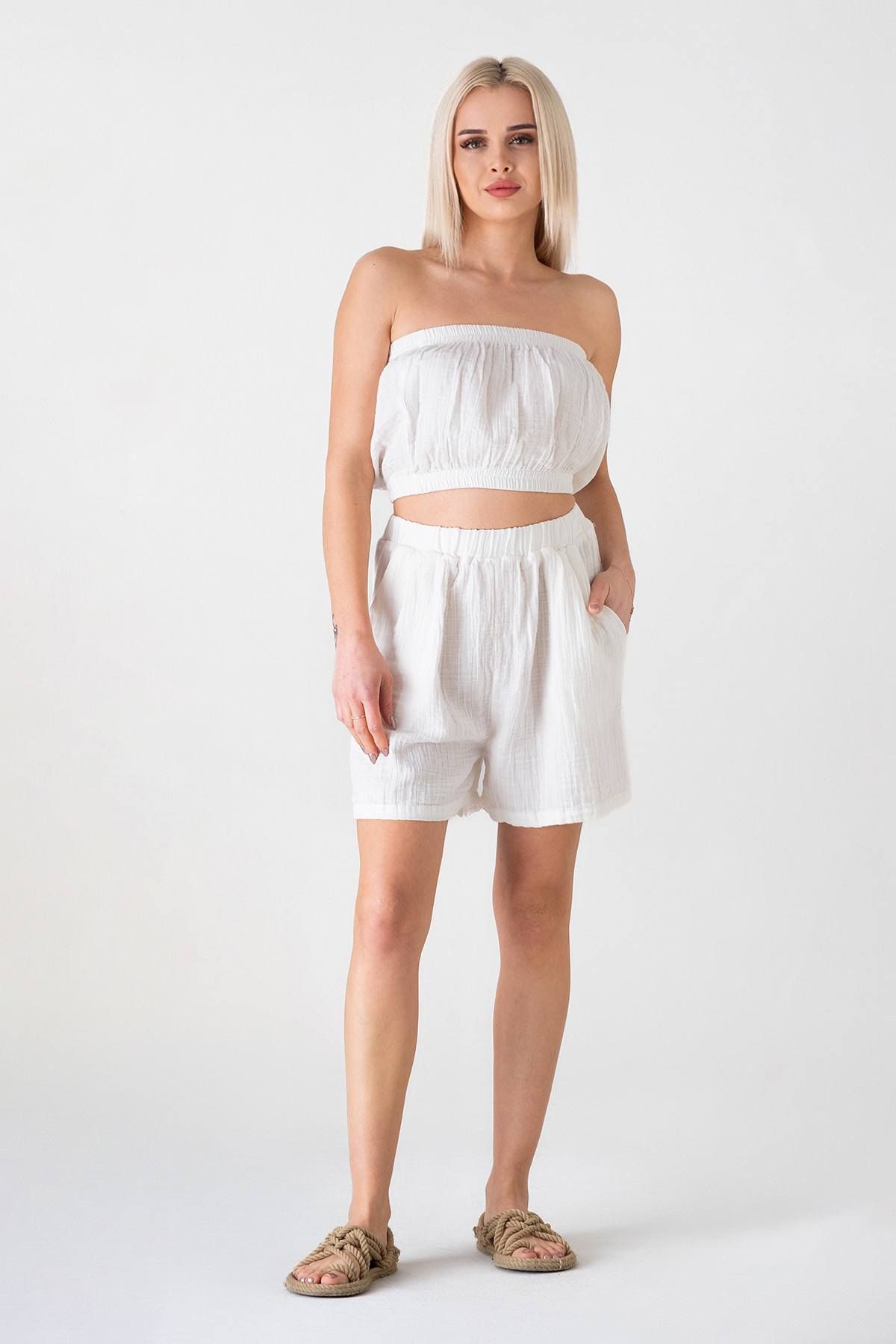 Fashion Showcase Doğal Kumaştan Üretilmiş %100 Pamuk Müslin Crop Beyaz