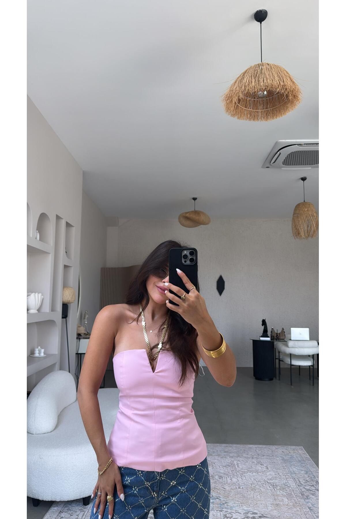 Buket Teke Premium Şeker Pembe Straplez Bluz