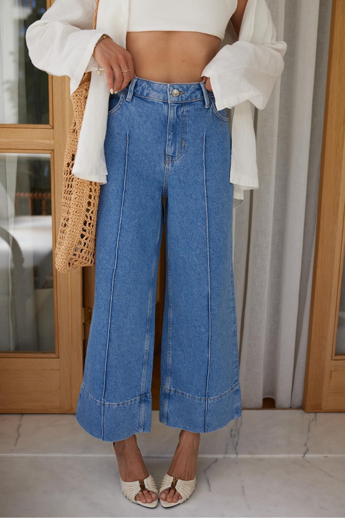 Askı Tekstil Klasik Jean Rengi Duble Paça Önden Çizgili Jean Pantolon