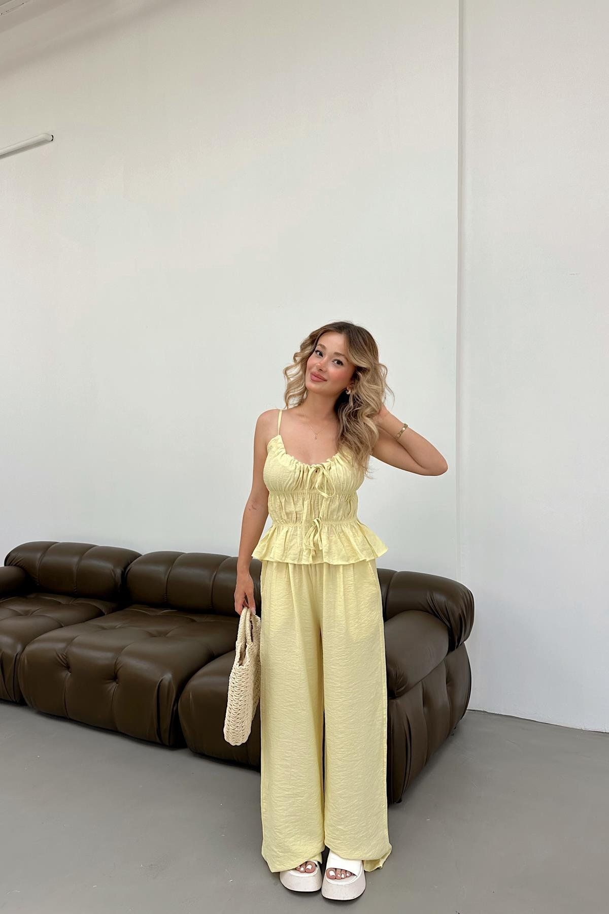 mylove Büzgülü Bluz Pantolon Takım Sarı