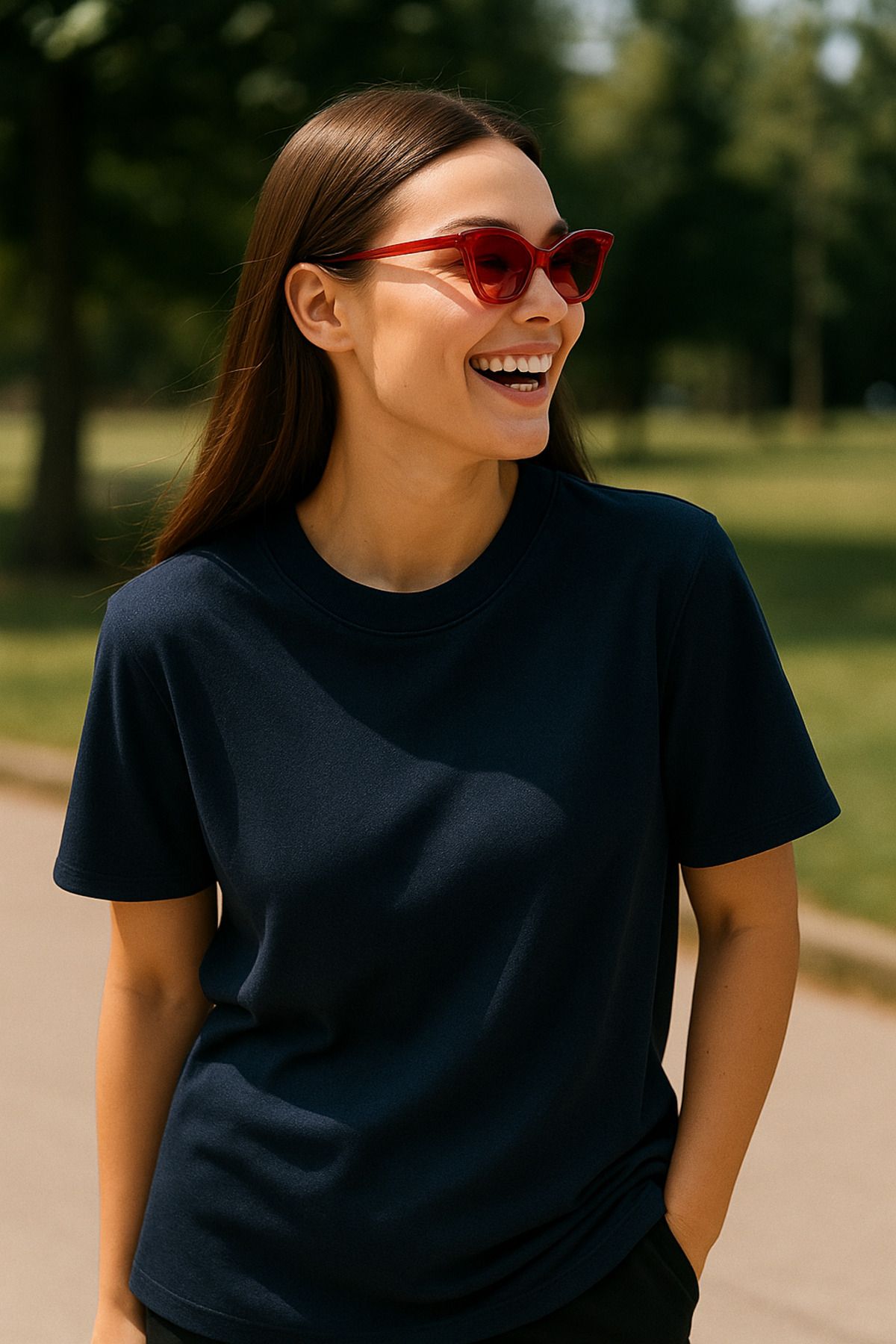 Rich Kadın Oversize Lacivert Basic Tişört – %100 Pamuk Rahat Kalıp Gündelik Şık Yazlık T-Shirt