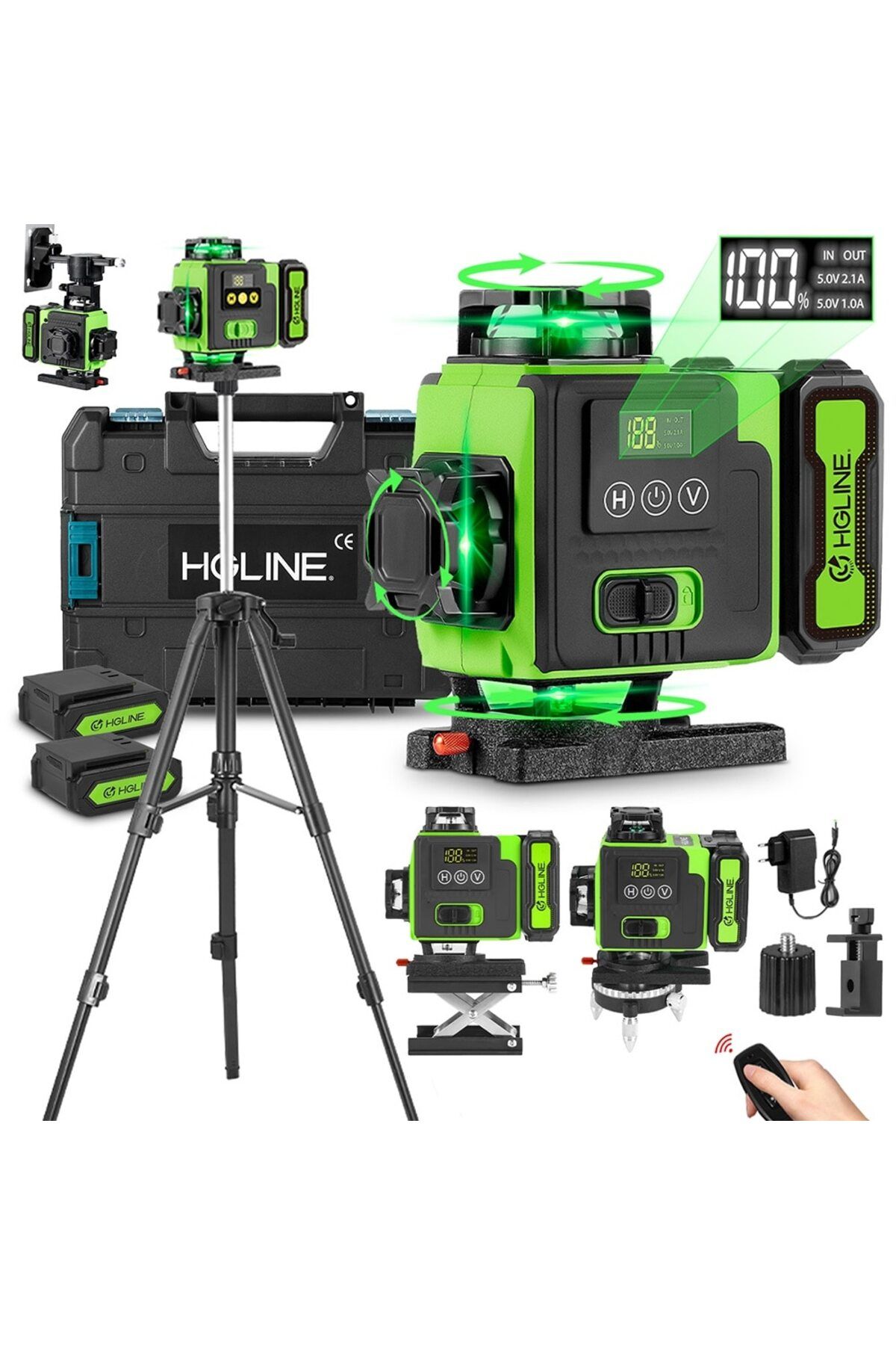 stuffix-HGLINE 4D laser level with 16 lines, remote control, 2 batteries, green and black, 100cm tripod 4