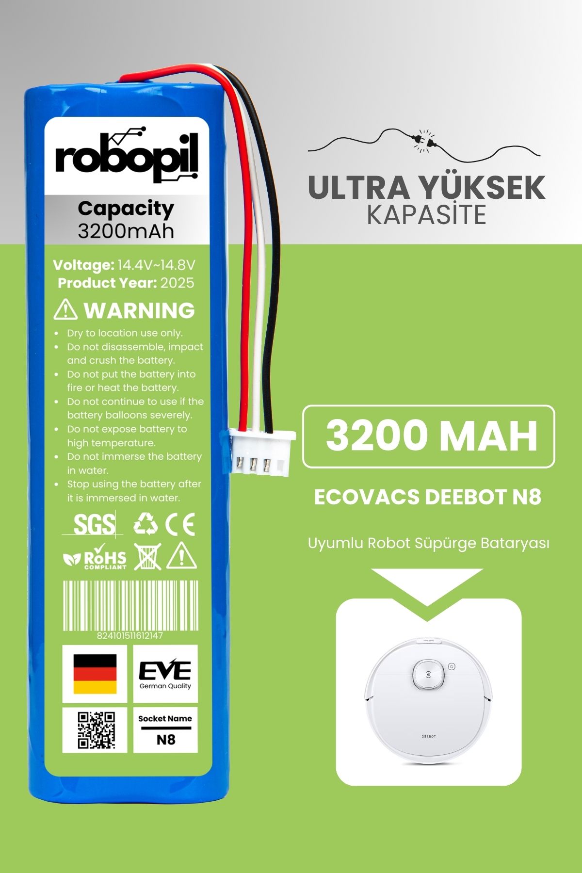 ROBOPİL Ecovacs Deebot N8 Uyumlu Batarya 3200mah Pil Robot Süpürge Bataryası Değişimi