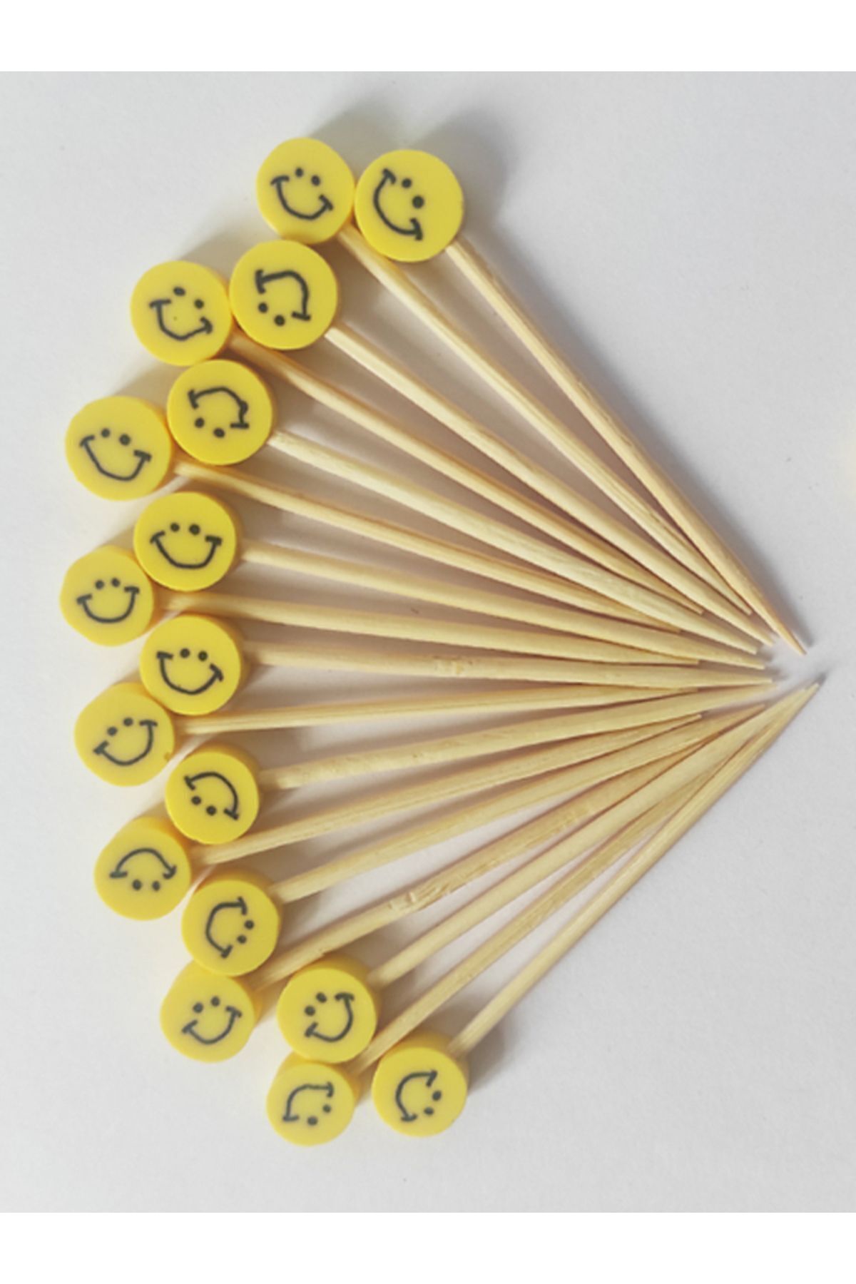 tm tasarı mağazası 150 Adet Dekoratif Sarı Smile Fimo Boncuklu Kokteyl Kürdanı 6,5 Cm