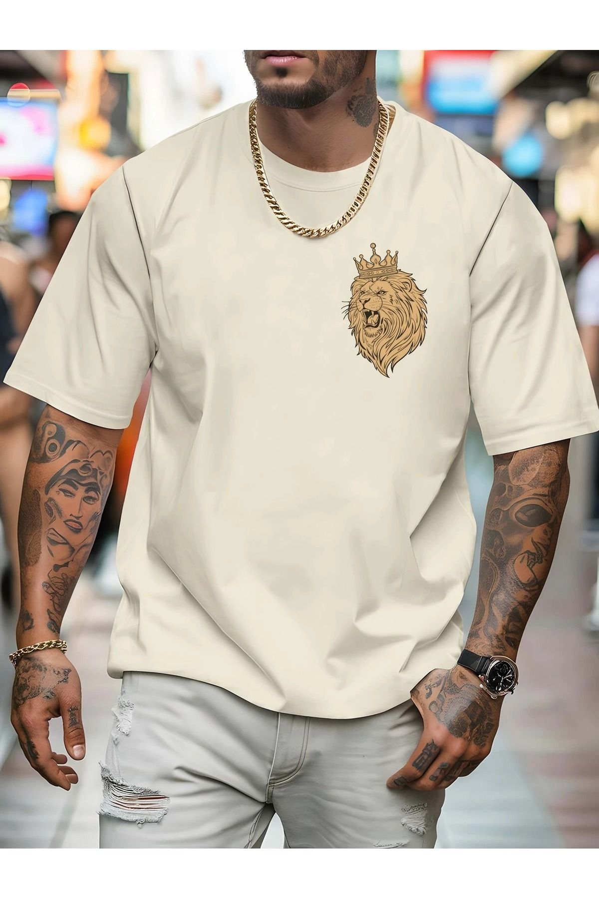 WOODROFFE Erke Aslan Amblem Baskılı T-shirt Yeni Sezon Oversize Salaş