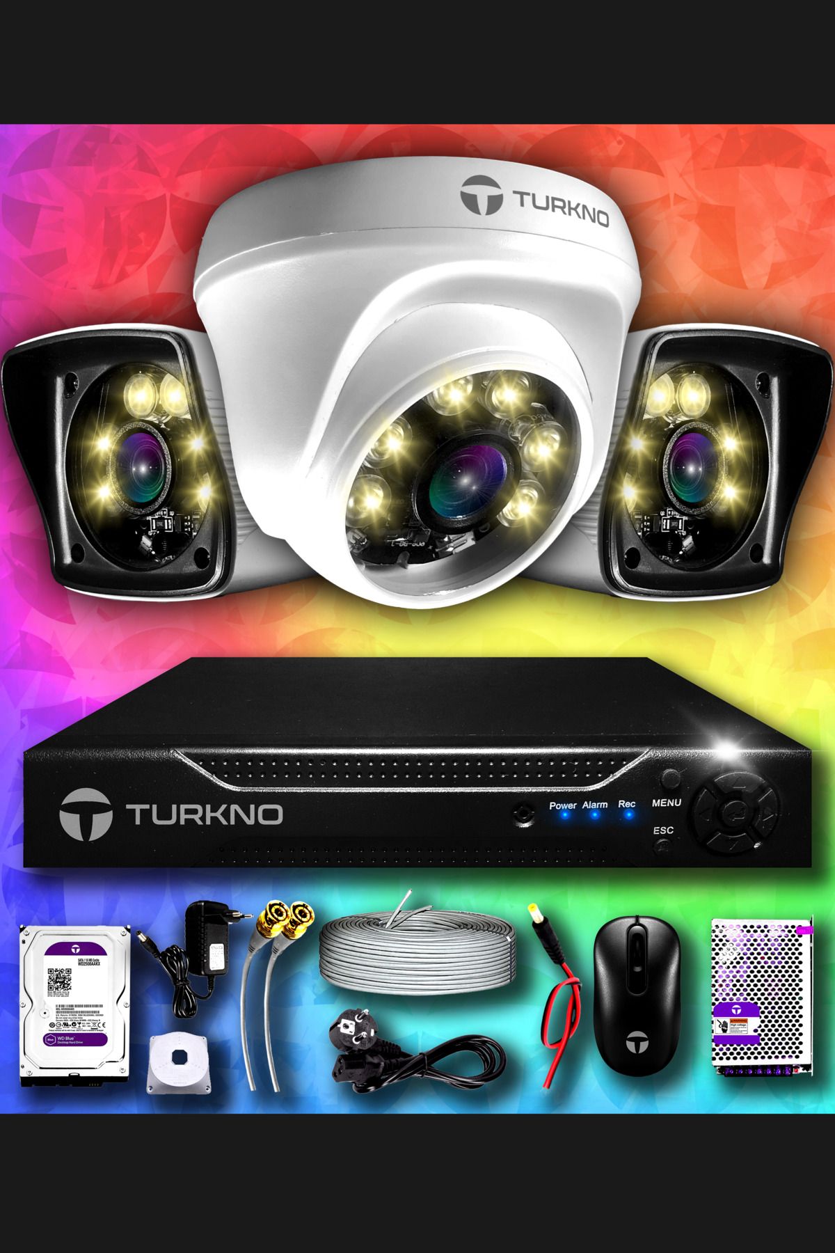 Turkno 3 Kameralı Karie 1 Iç Kamera Set 320 Gb Hdd Full Hd Renkli Gece Görüşlü Güvenlik Kamerası Sistemi