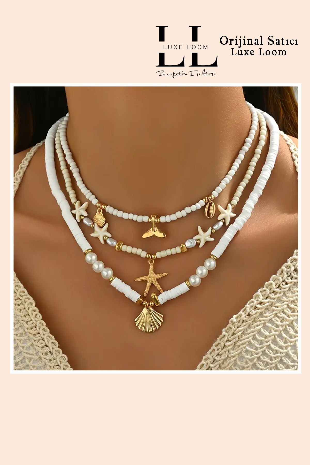 Luxe Loom Zarafetin Işıltısı Kadın Kararmayan Beyaz Deniz Yıldızı Plaj Şıklığı 3'lü Kolye Seti 001