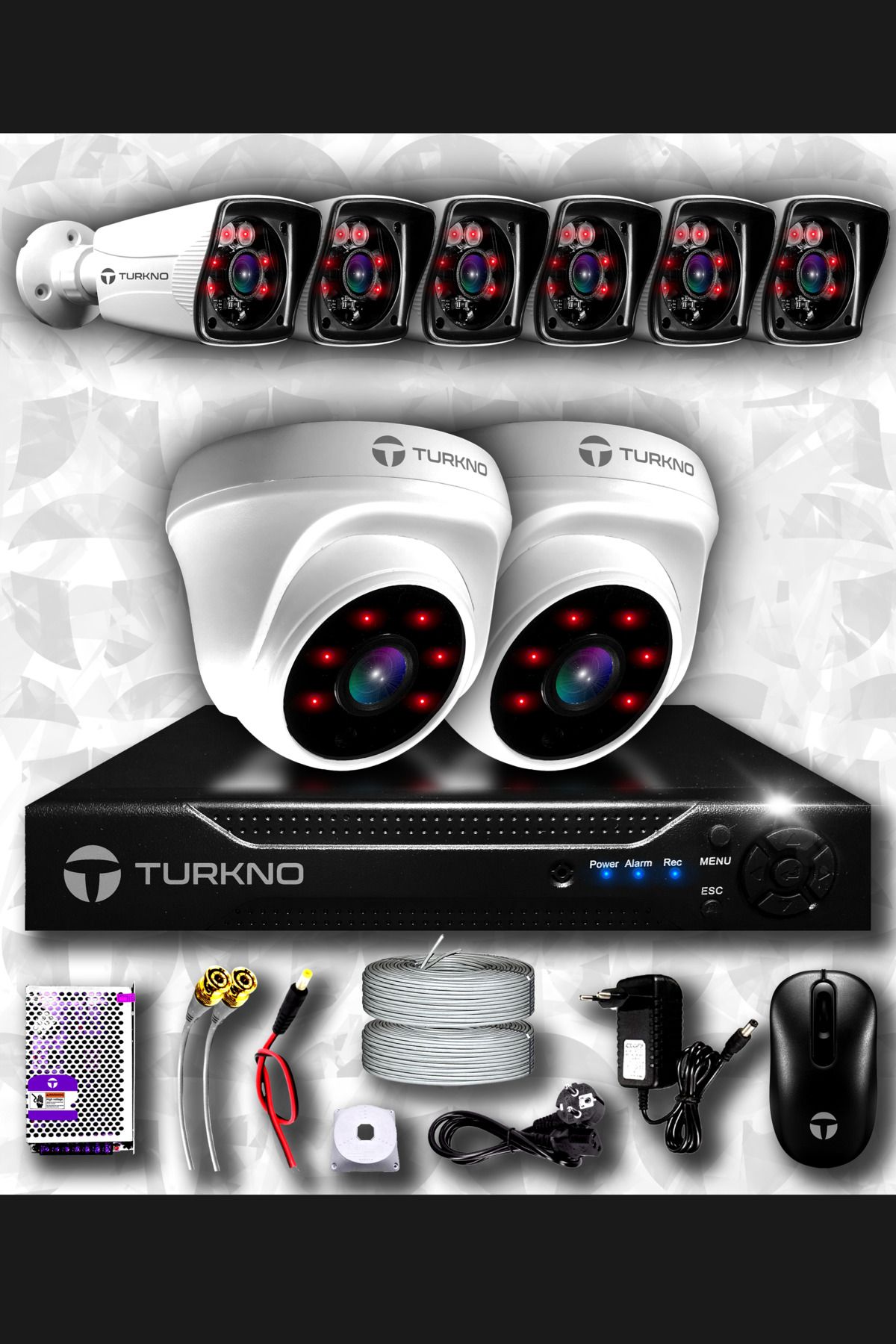 Turkno 8 Kameralı Karia 2 Iç Kamera Set Hdd'siz Full Hd Gece Görüşlü Güvenlik Kamerası Sistemi
