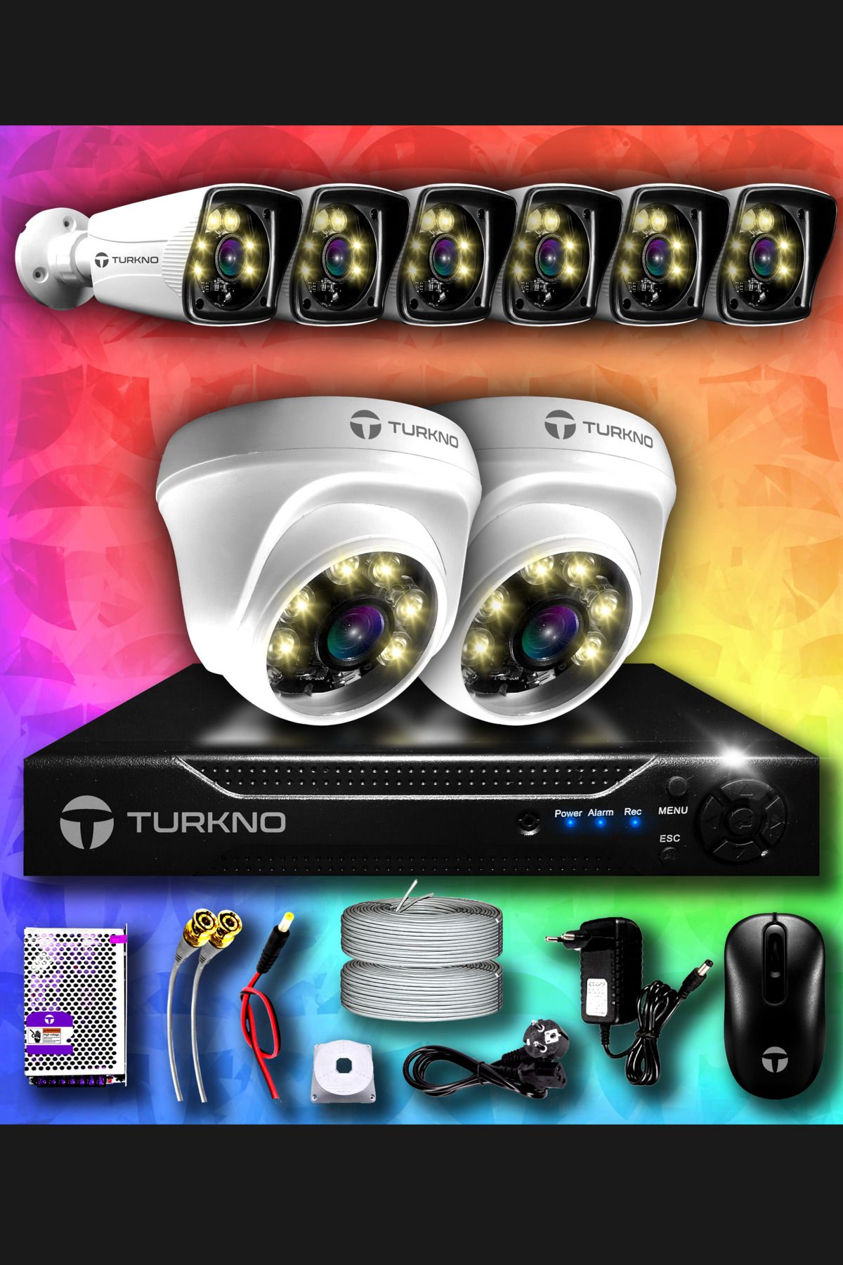 Turkno 8 Kameralı Karie 2 Iç Kamera Set Hdd'siz Full Hd Renkli Gece Görüşlü Güvenlik Kamerası Sistemi