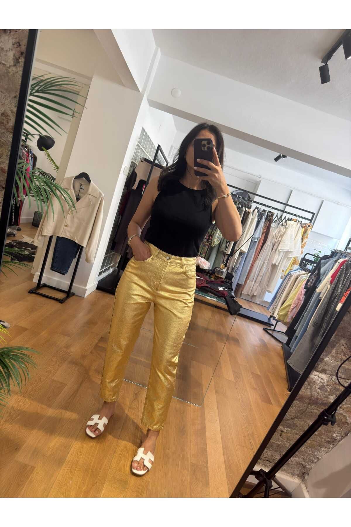 Bemore34 GOLD RENK JEAN KUMAŞ DAR PAÇA PANTOLON
