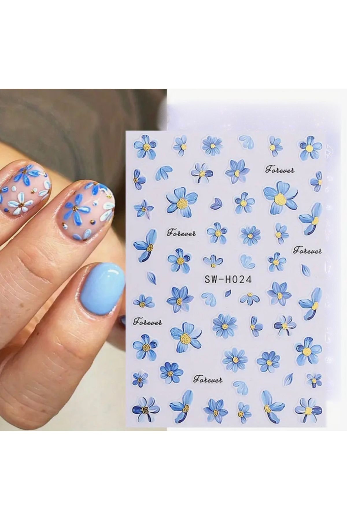 AEÇTASARIM Forever Mavi Çiçekler Tırnak Süsleme Stickerı, Nail Art Süslemeleri