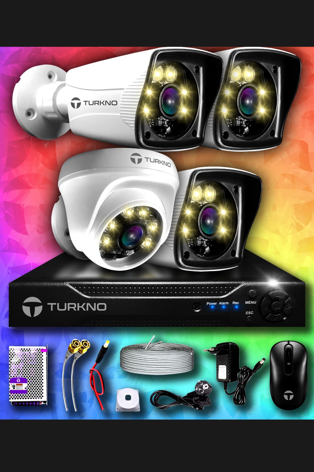 Turkno 4 Kameralı Karie 1 Iç Kamera Set Hdd'siz Full Hd Renkli Gece Görüşlü Güvenlik Kamerası Sistemi