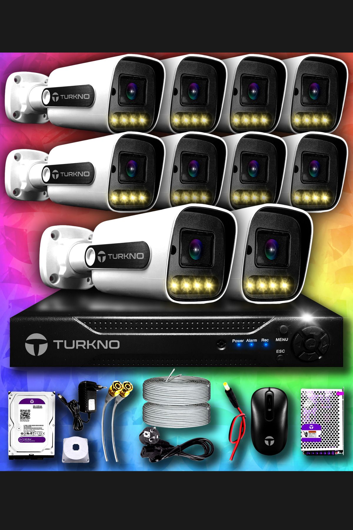 Turkno 10 Kameralı Navie 10 Dış Kamera Set 250 Gb Hdd Full Hd Renkli Gece Görüşlü Güvenlik Kamerası Sistemi