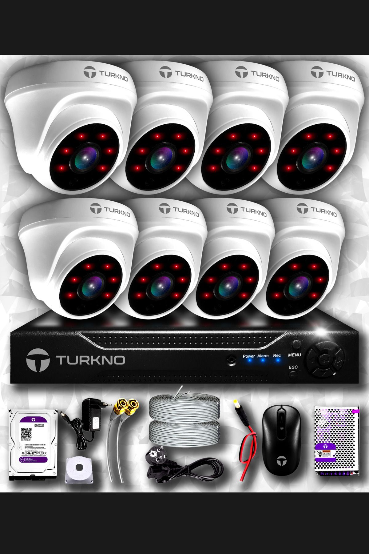 Turkno 8 Kameralı Domia 8 Iç Kamera Set 250 Gb Hdd Full Hd Gece Görüşlü Güvenlik Kamerası Sistemi
