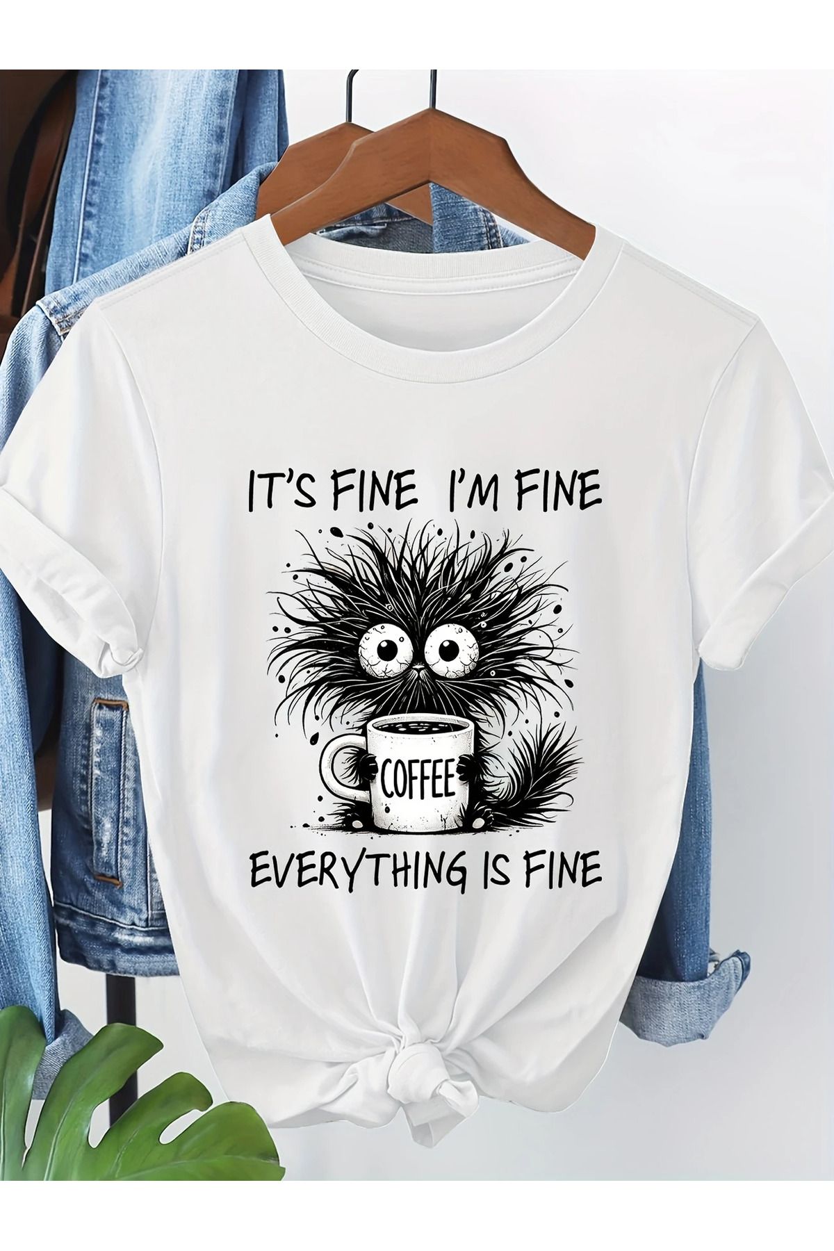 MAGORS IT'S FINE BASKILI BİSİKLET YAKA PAMUKLU KISA KOLLU KADIN VE ÇOCUK TSHIRT