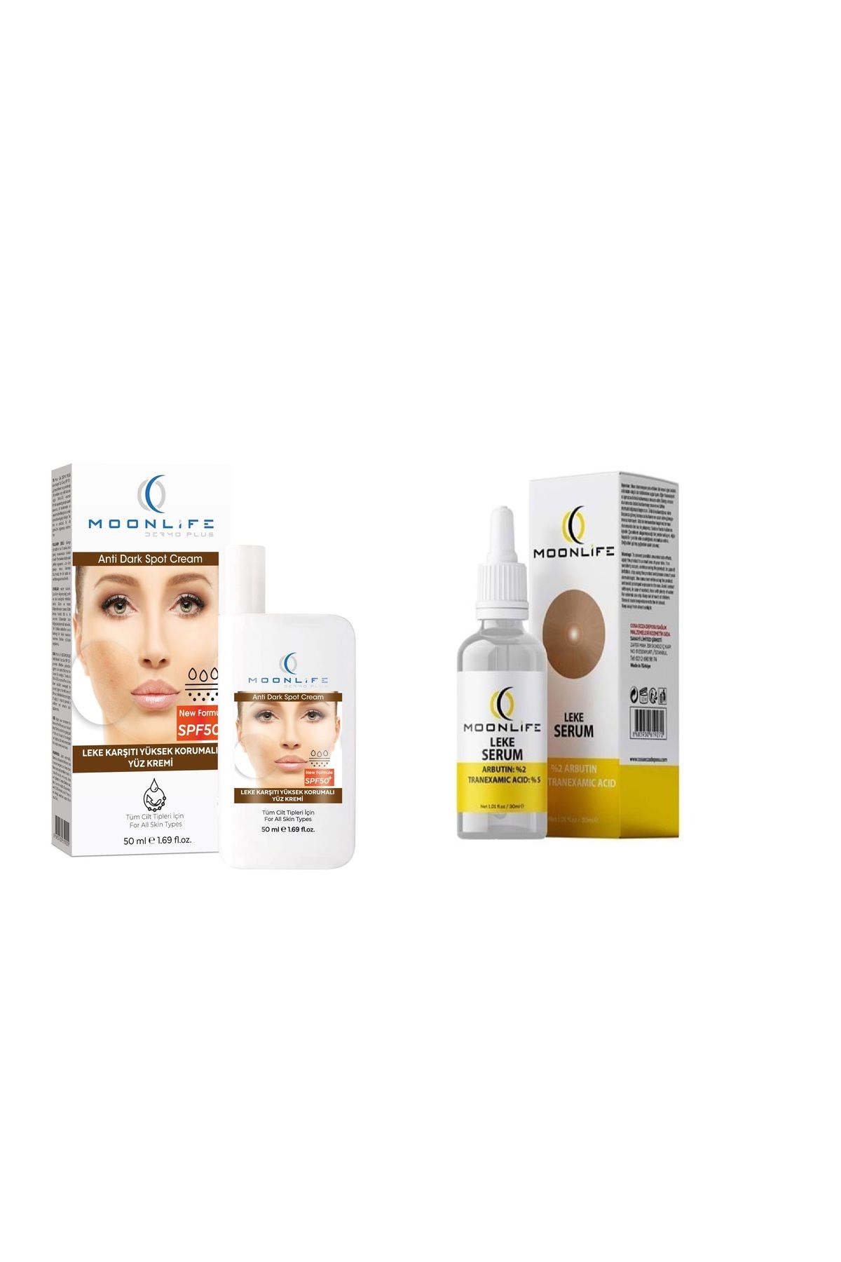 MOONLİFE PRO PLUS Moonlife Yüz Güneş Kremi Leke Karşıtı Spf50 50 ML+Leke Serumu 30 ML %2 Arbutin %5 Tranexamic Acid