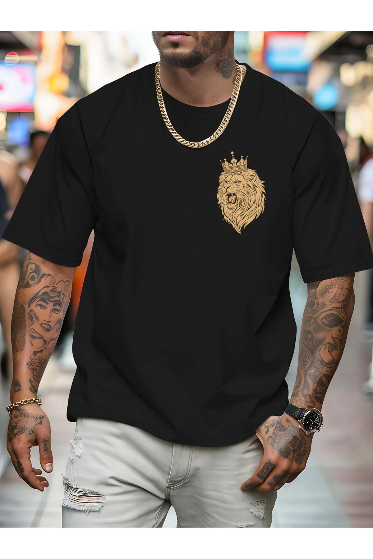 WOODROFFE Erke Aslan Amblem Baskılı T-shirt Yeni Sezon Oversize Salaş