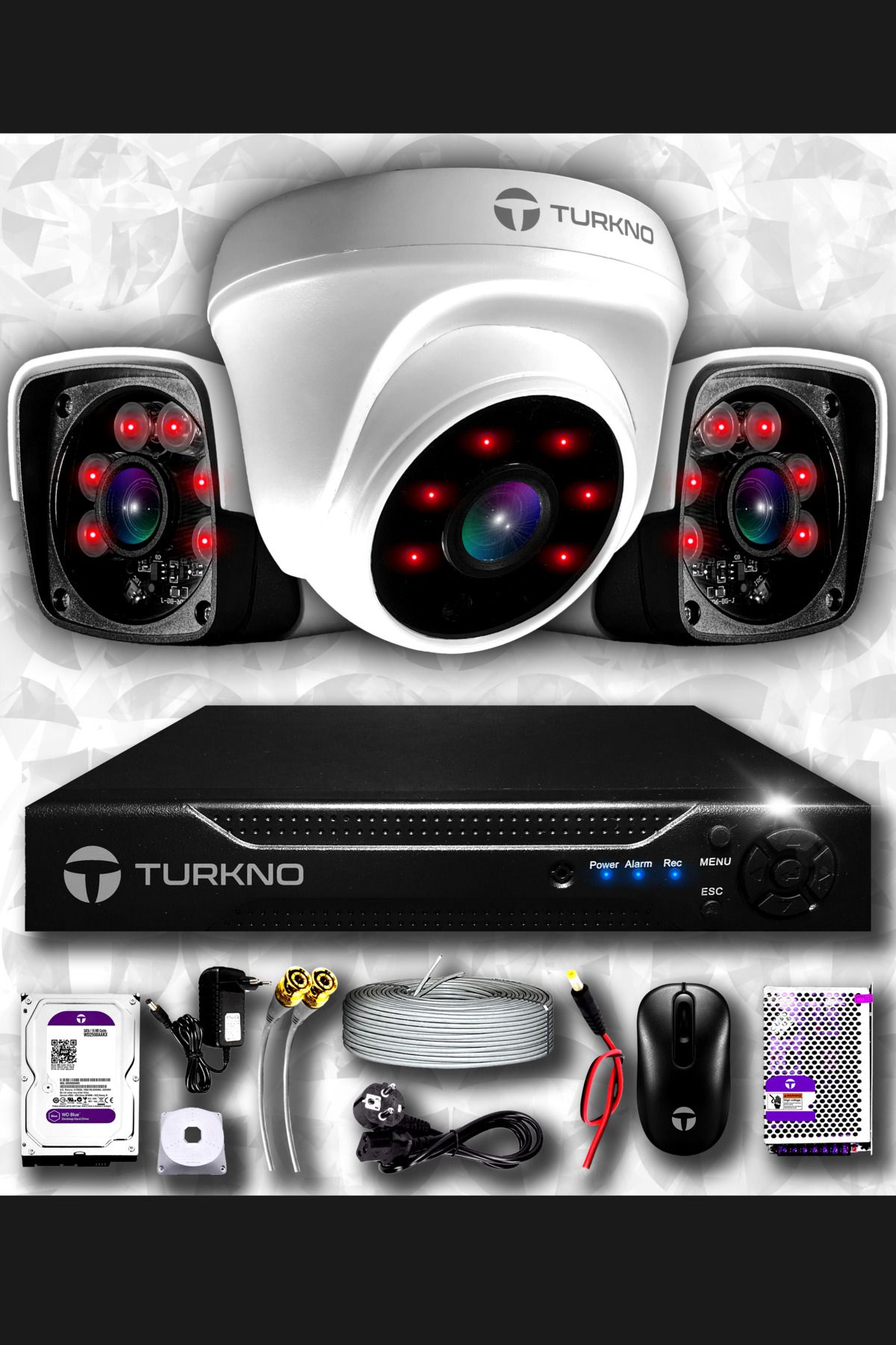 Turkno 3 Kameralı Pania 1 Iç Kamera Set 500 Gb Hdd Full Hd Gece Görüşlü Güvenlik Kamerası Sistemi