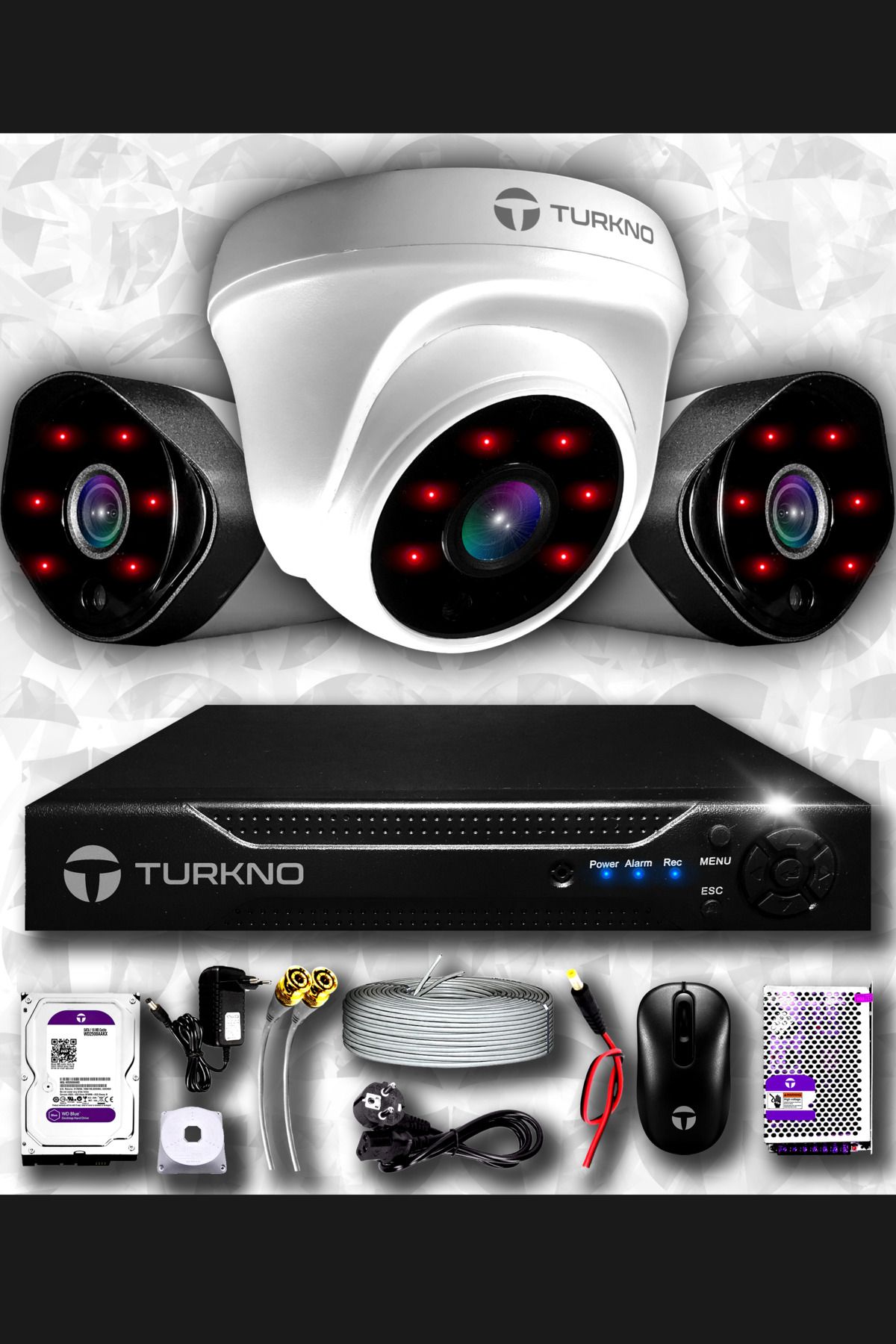 Turkno 3 Kameralı Galia 1 Iç Kamera Set 320 Gb Hdd Full Hd Gece Görüşlü Güvenlik Kamerası Sistemi