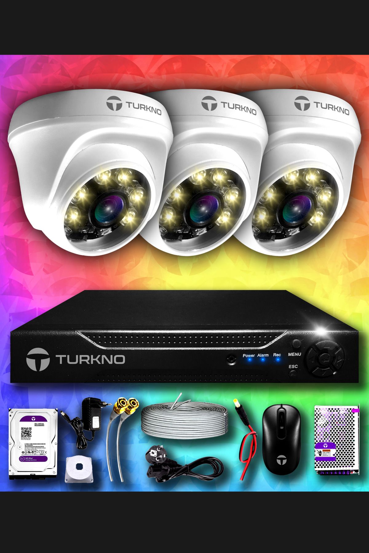 Turkno 3 Kameralı Domie 3 Iç Kamera Set 250 Gb Hdd Full Hd Renkli Gece Görüşlü Güvenlik Kamerası Sistemi