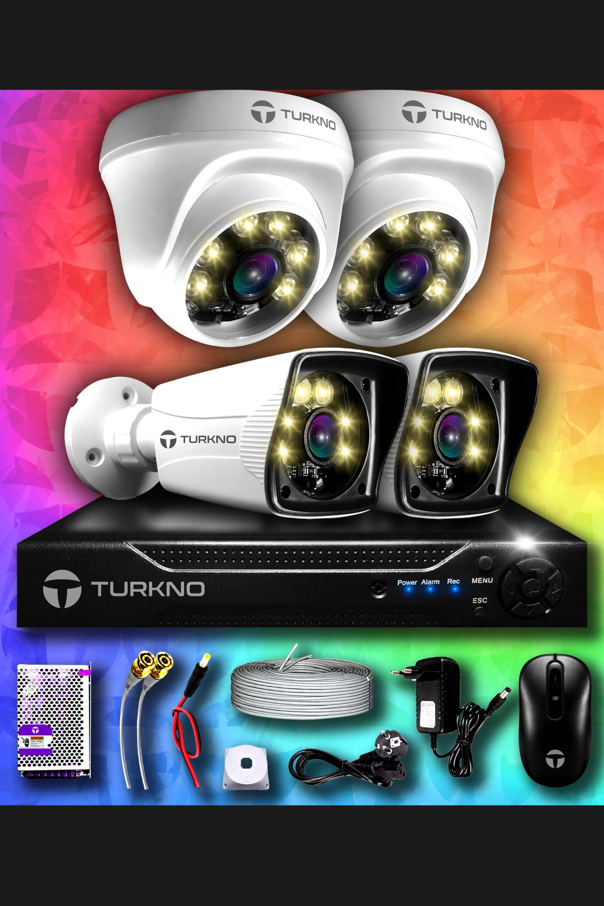 Turkno 4 Kameralı Karie 2 Iç Kamera Set Hdd'siz Full Hd Renkli Gece Görüşlü Güvenlik Kamerası Sistemi