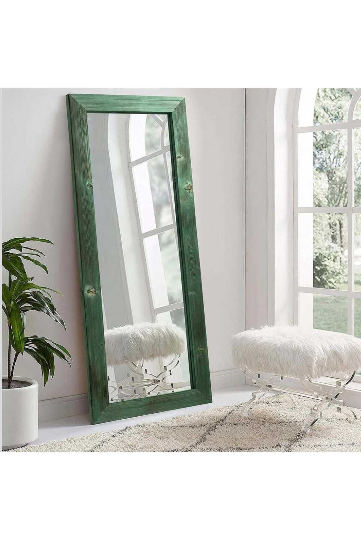 solmaz mobilya eskitme dogal ahşap yeşil renk duvar aynası 100X60