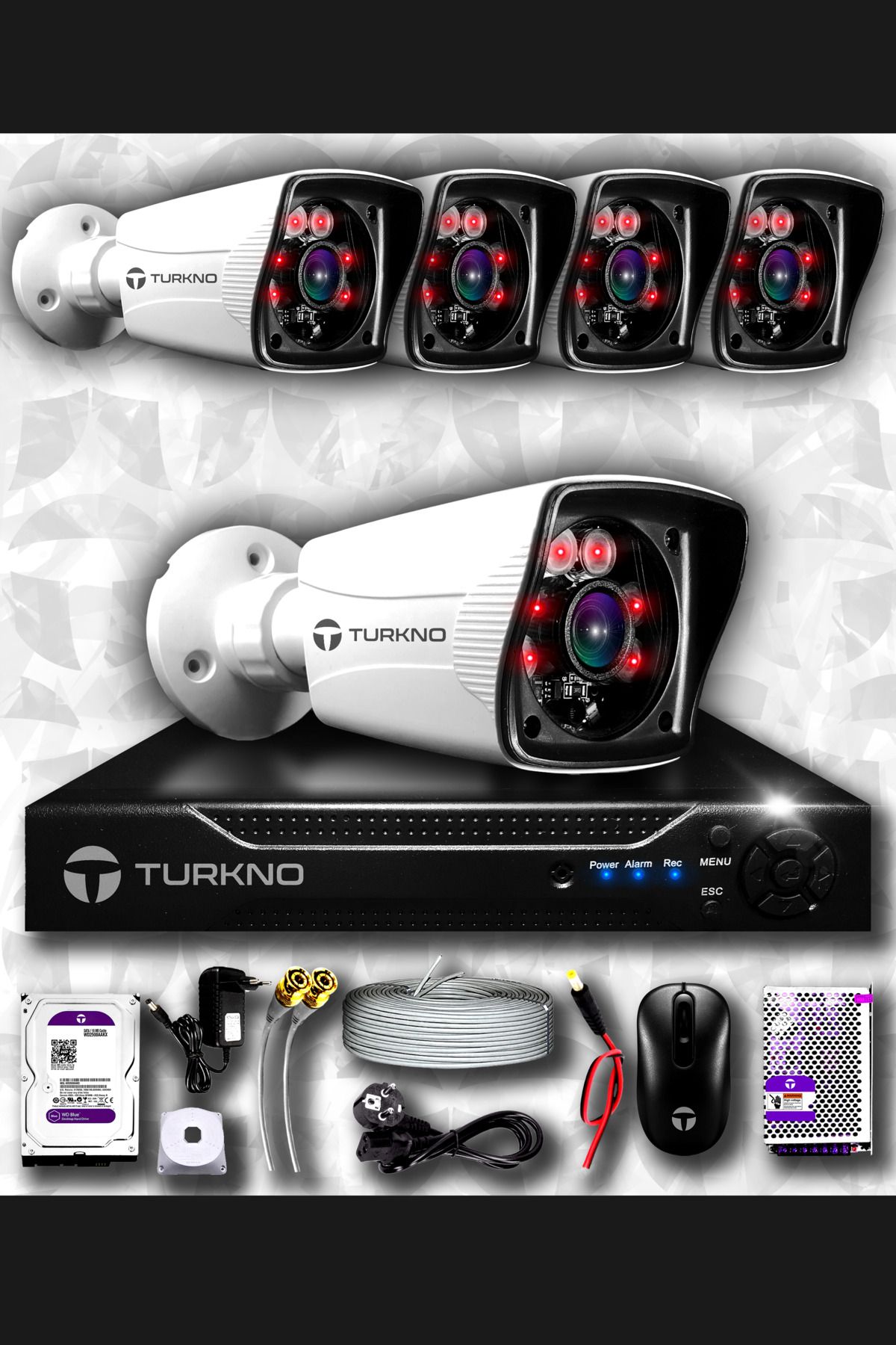 Turkno 5 Kameralı Karia 5 Dış Kamera Set 1 Tb Hdd Full Hd Gece Görüşlü Güvenlik Kamerası Sistemi
