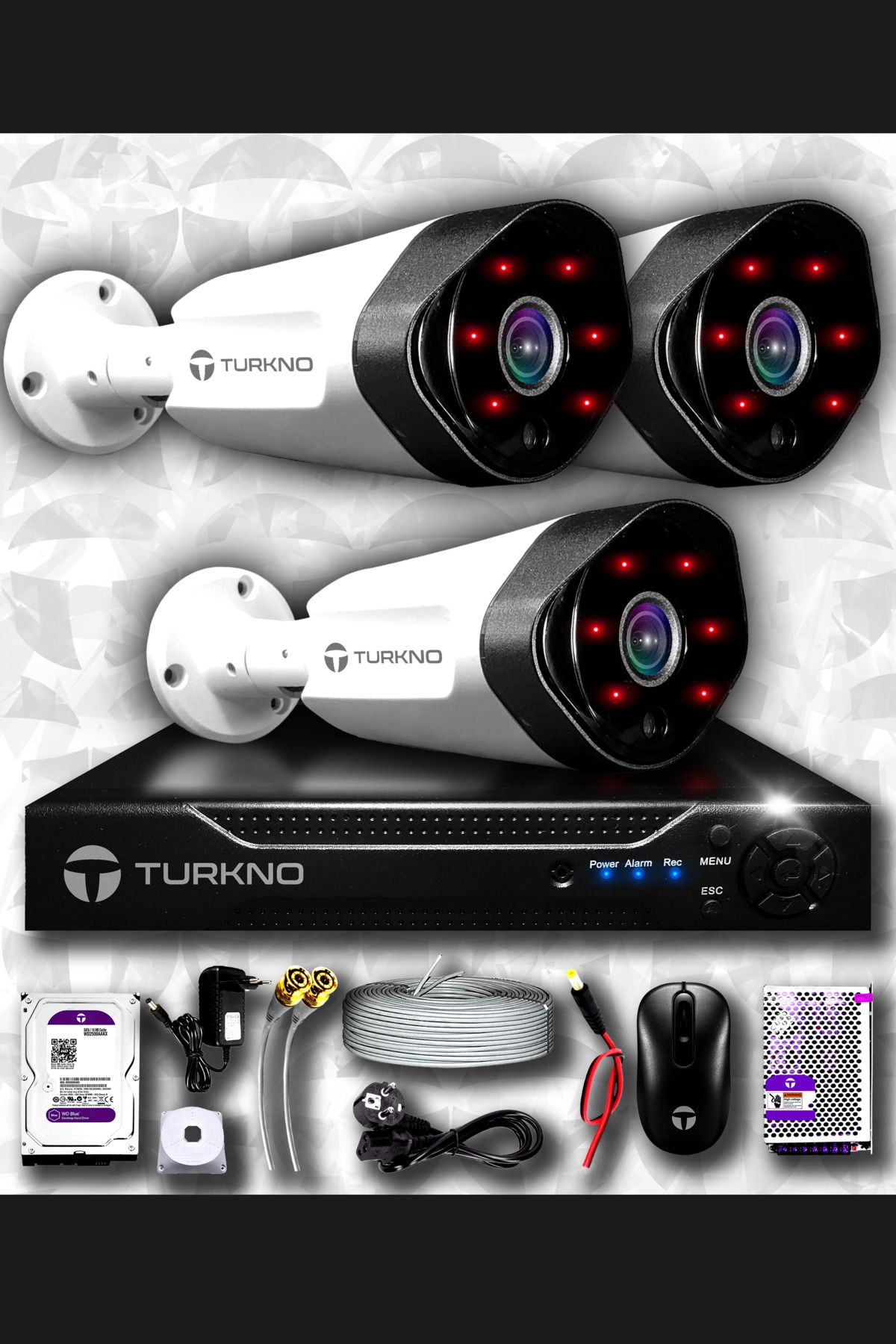 Turkno 3 Kameralı Galia 3 Dış Kamera Set 2 Tb Hdd Full Hd Gece Görüşlü Güvenlik Kamerası Sistemi
