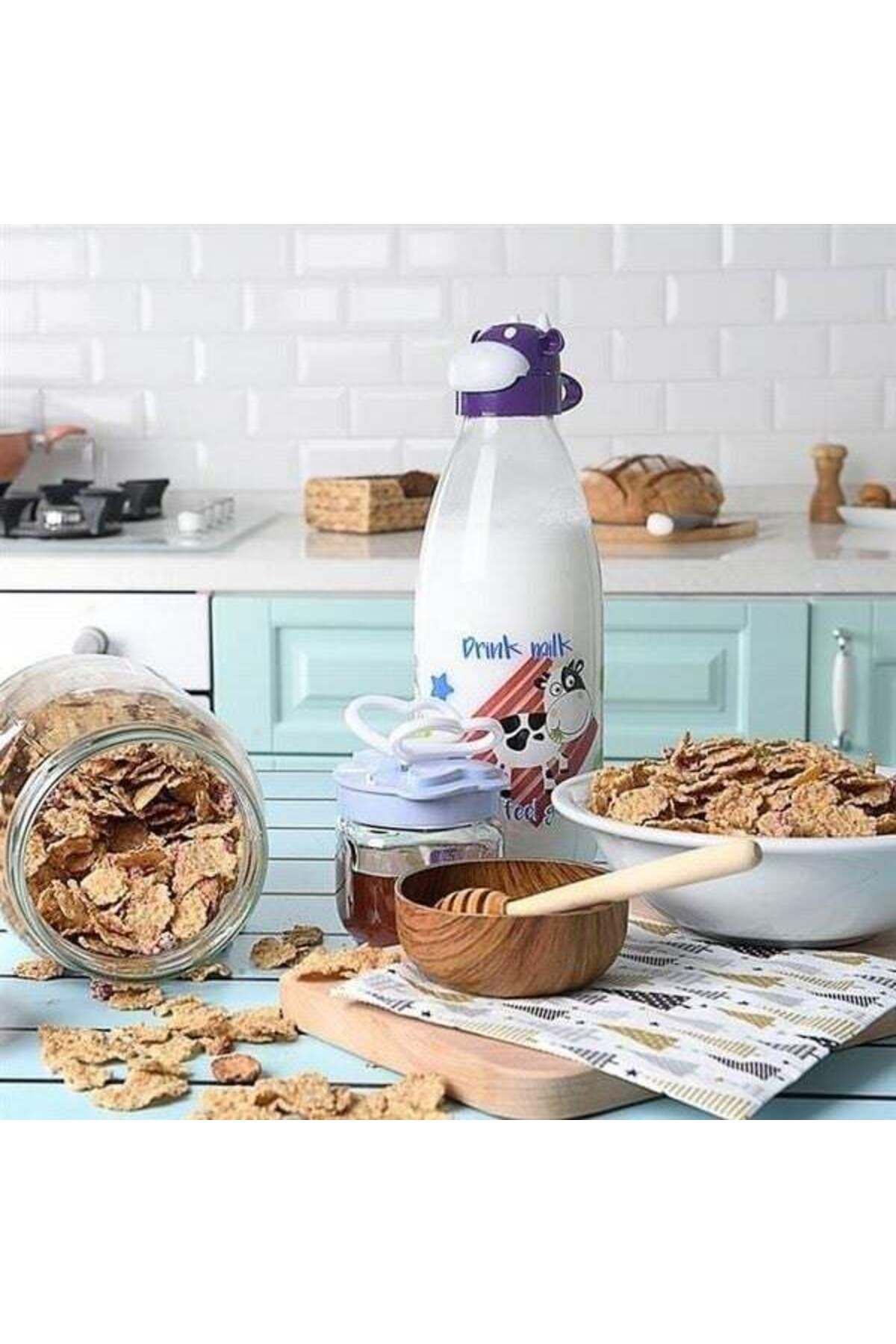 Zayla İnek Tasarımlı Sevimli Cam Suluk - Süt Şişesi 1000 ML