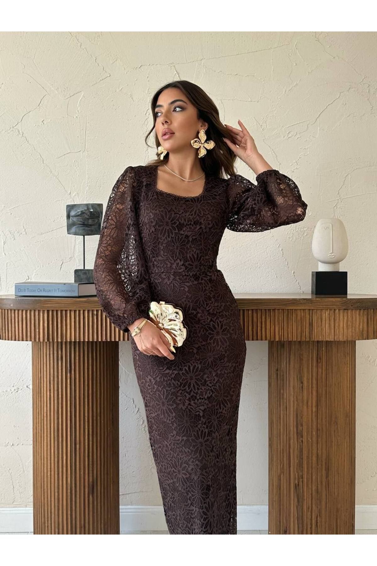 Castivo Fashion Kare Yaka Uzun Kollu Dantel Midi Elbise