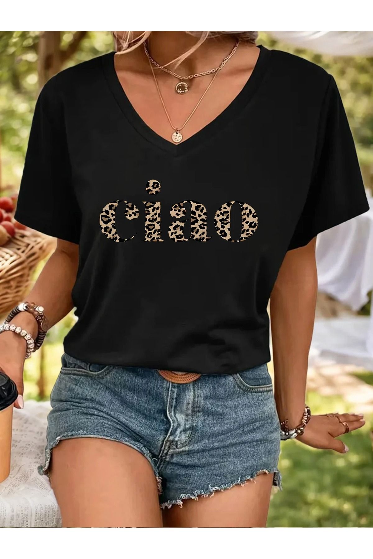 WOODROFFE Kadın V yaka Leopar Ciao Baskılı Tişört Oversize Salaş Yeni Sezon