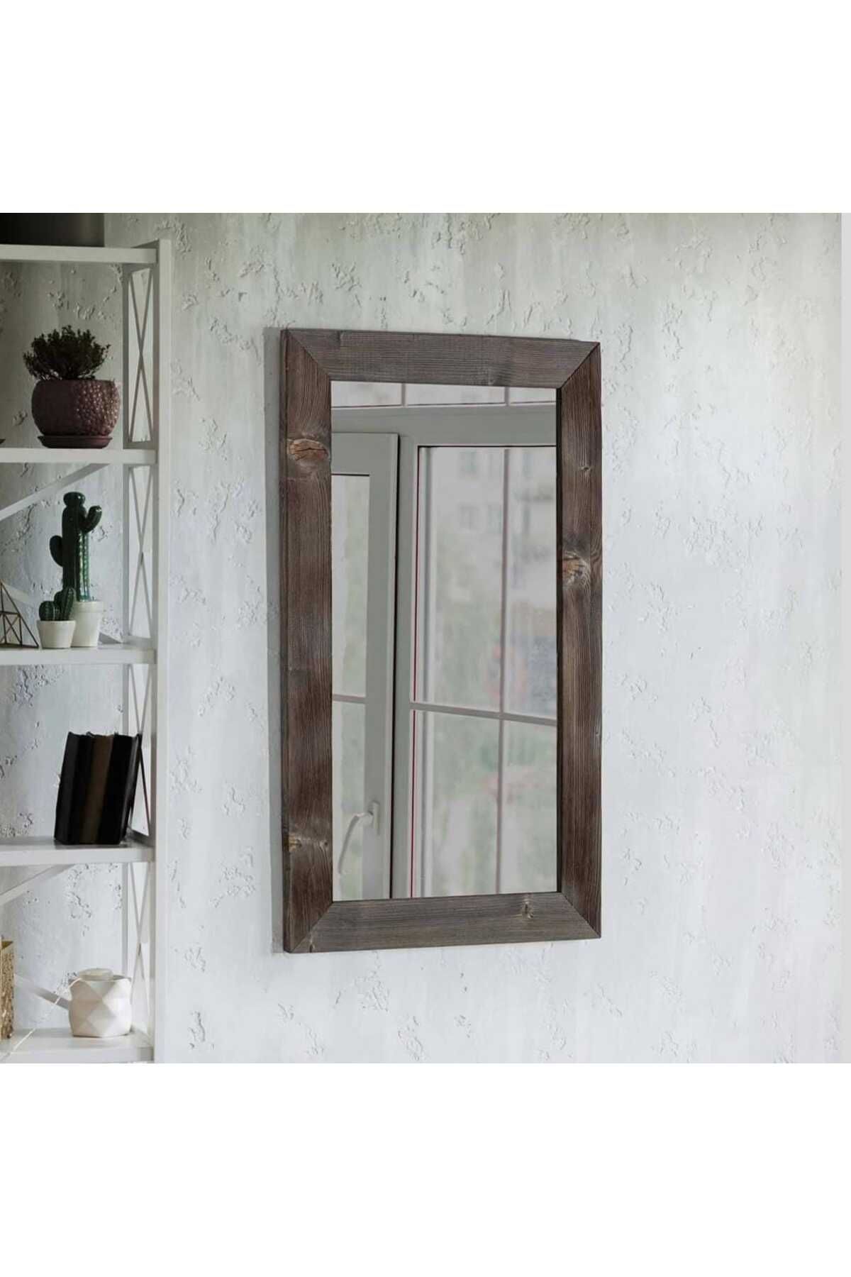 solmaz mobilya eskitme dogal ahşap ceviz renk duvar aynası 100X60
