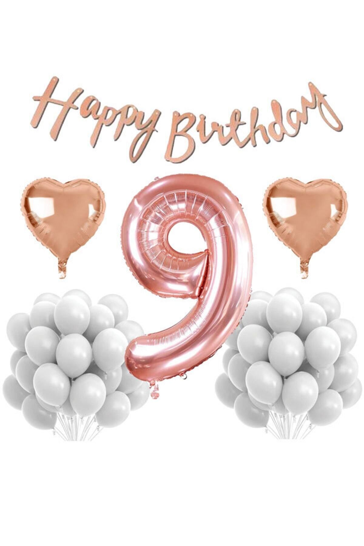 EA HOME Rose Gold Konsept 9 Yaş Doğum Günü Kutlama Seti; Beyaz Pastel Balon, Rakam Kalp Folyo Ve Banner
