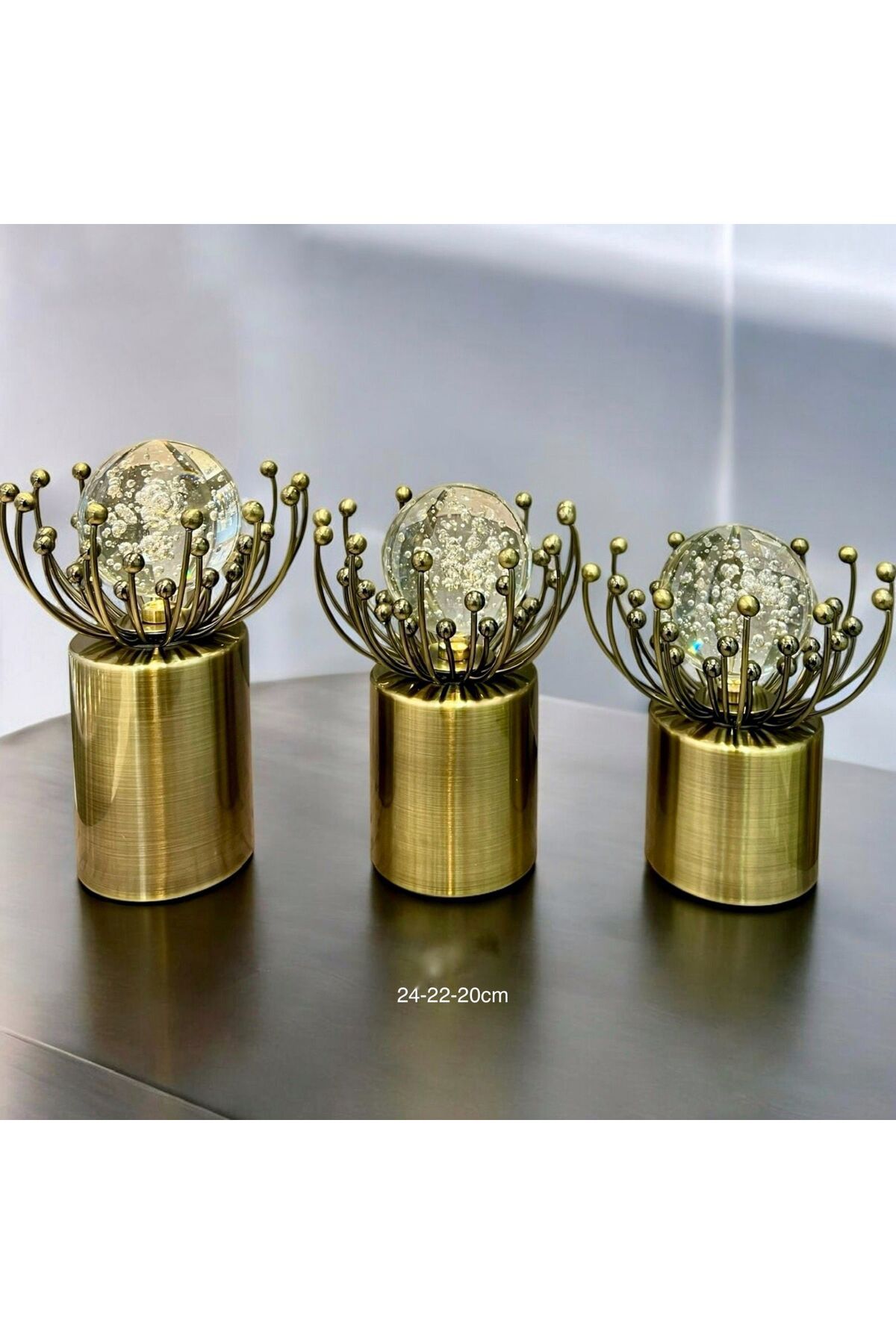 Hinora İnci Küreli Metal Üçlü Dekoratif Obje Set 20-22-24cm