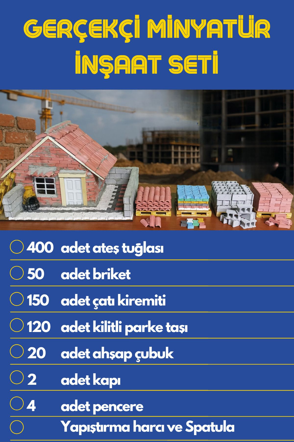 SevindirenŞeyler Minyatür Inşaat Seti - 400 Tuğla 50 Briket 150 Kremit 120 Parke Taşı Spatula Harç