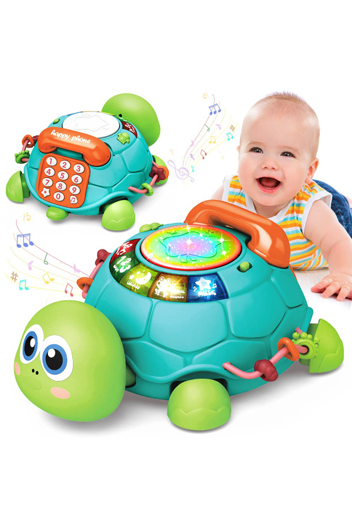 ۱ دست اسباب‌بازی کودک ۶ تا ۱۸ ماهه موزیکال، لاک‌پشت خزنده با نور و صدا، اسباب‌بازی موزیکال آموزشی برای دختر و پسر، ادوکا