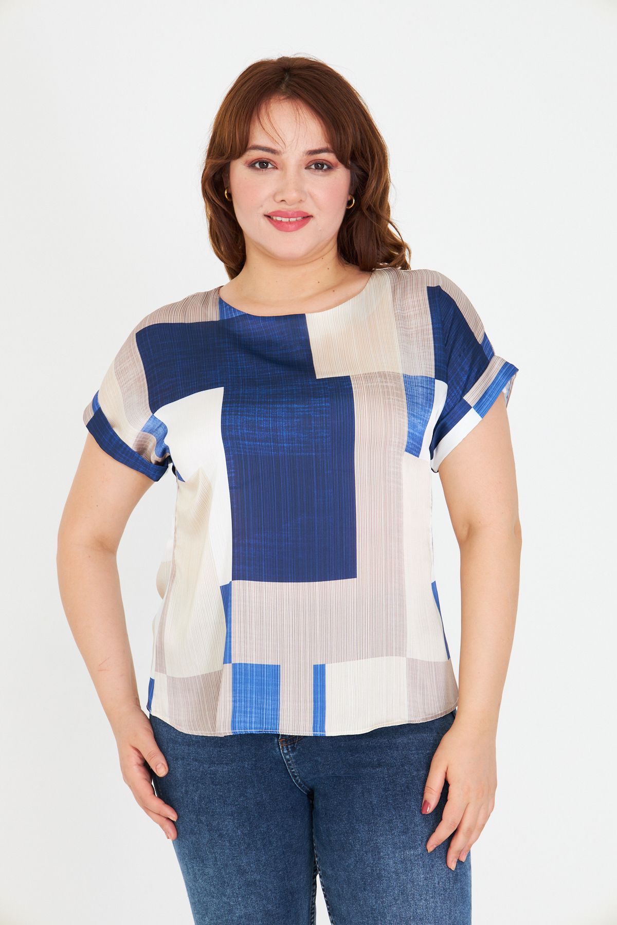 UNIQUE LADY Kadın Kısa Kollu Yoryo Saten Bluz - Geometrik Patchwork Desenli