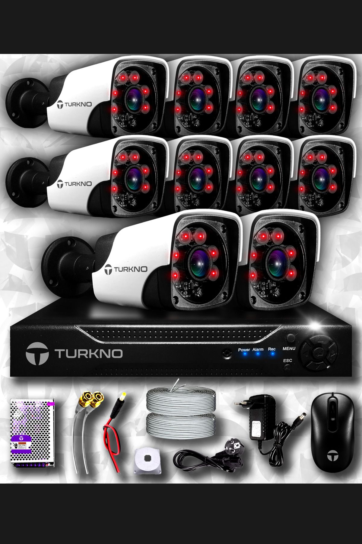 Turkno 10 Kameralı Pania 10 Dış Kamera Set Hdd'siz Full Hd Gece Görüşlü Güvenlik Kamerası Sistemi
