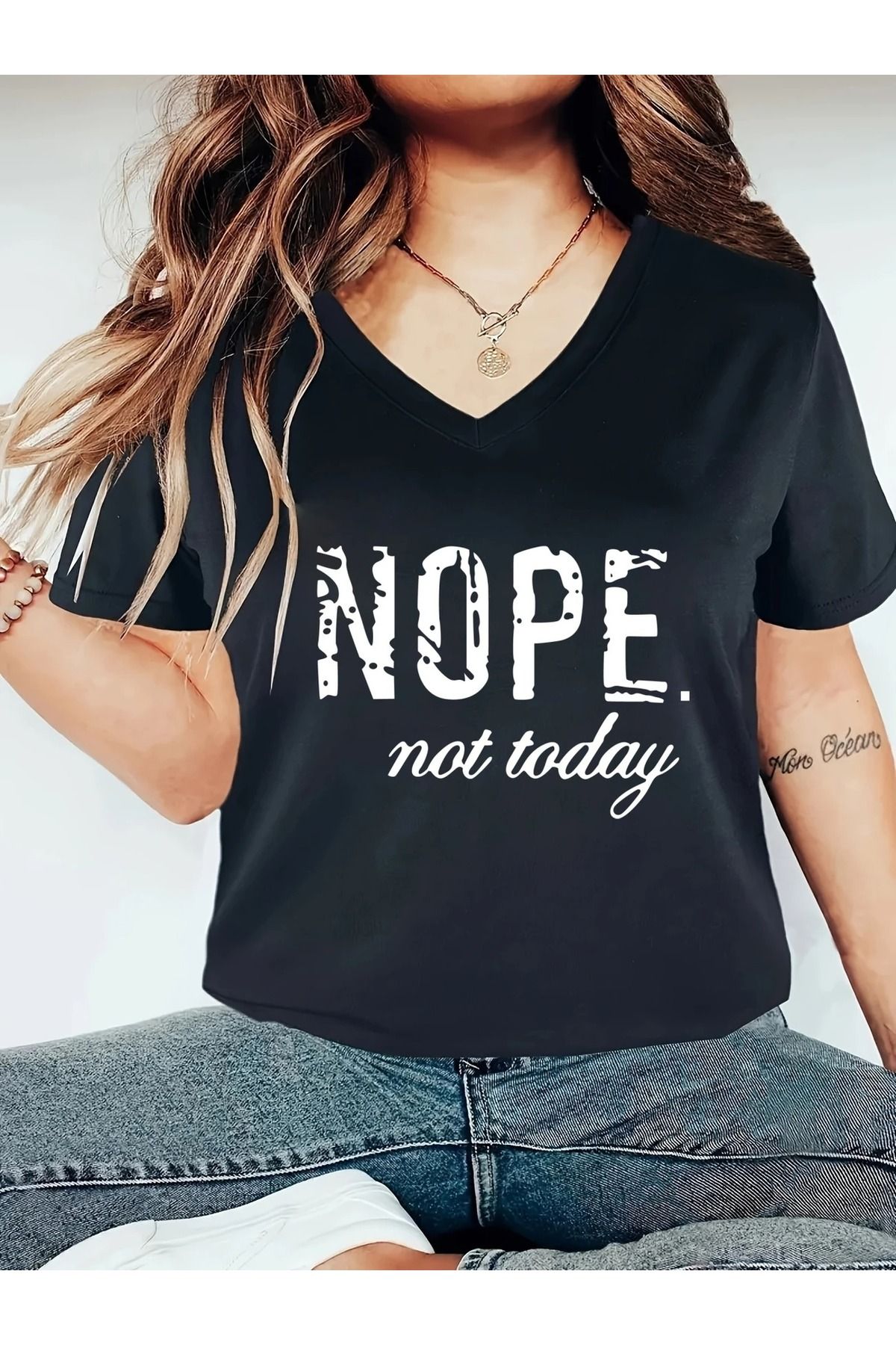 WOODROFFE Kadın NOPE NOT TODAY 'Hayır Bugün Değil' baskılı V yaka Tişört Oversize Salaş Yeni Sezon
