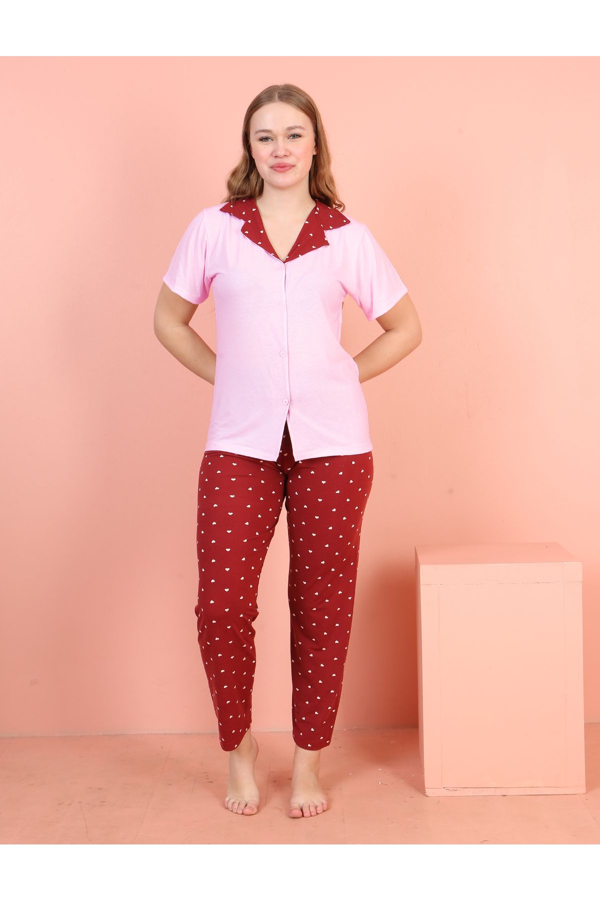 JENİKA Kısa Kollu Gömlek Yakalı Çift Renkli Kalp Desen Detaylı Düğmeli 2 Li Pijama Takım