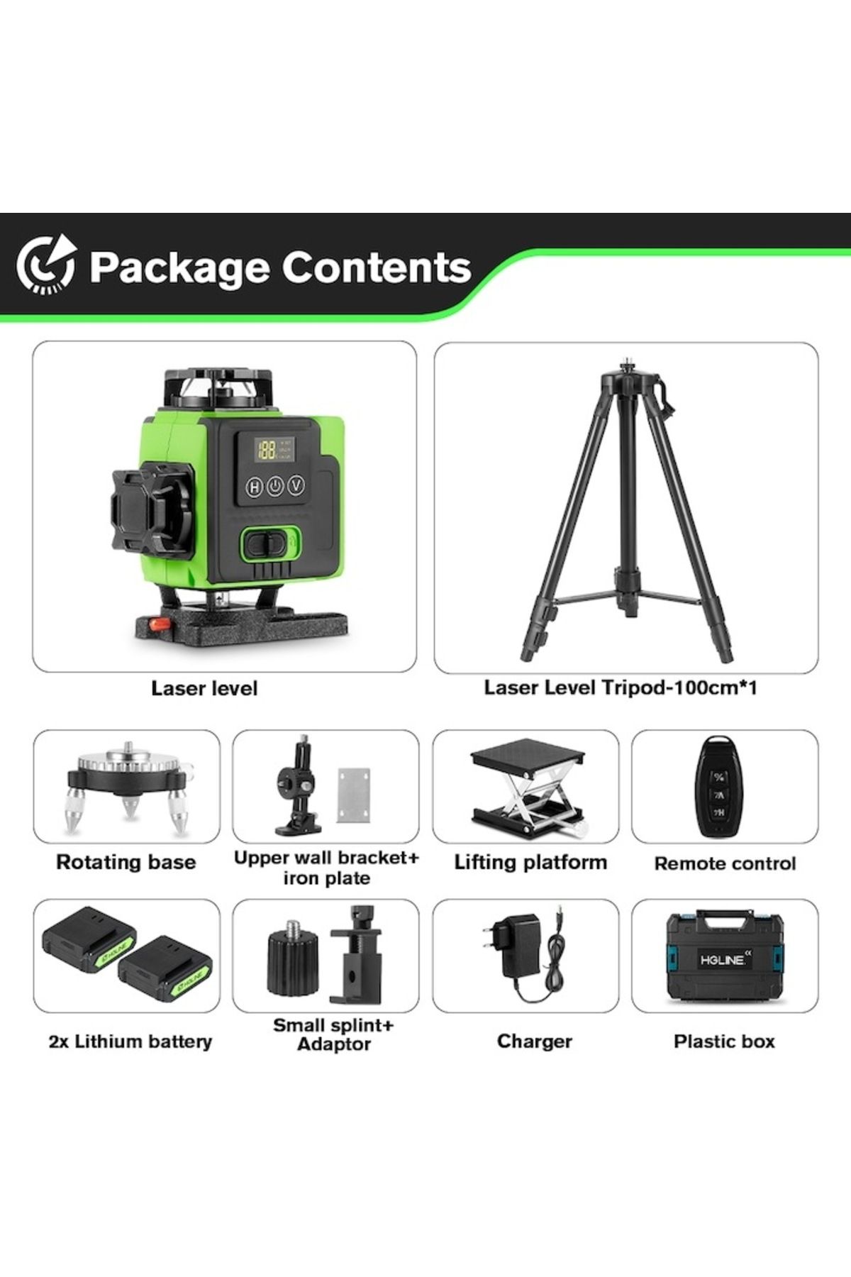stuffix-HGLINE 4D laser level with 16 lines, remote control, 2 batteries, green and black, 100cm tripod 3