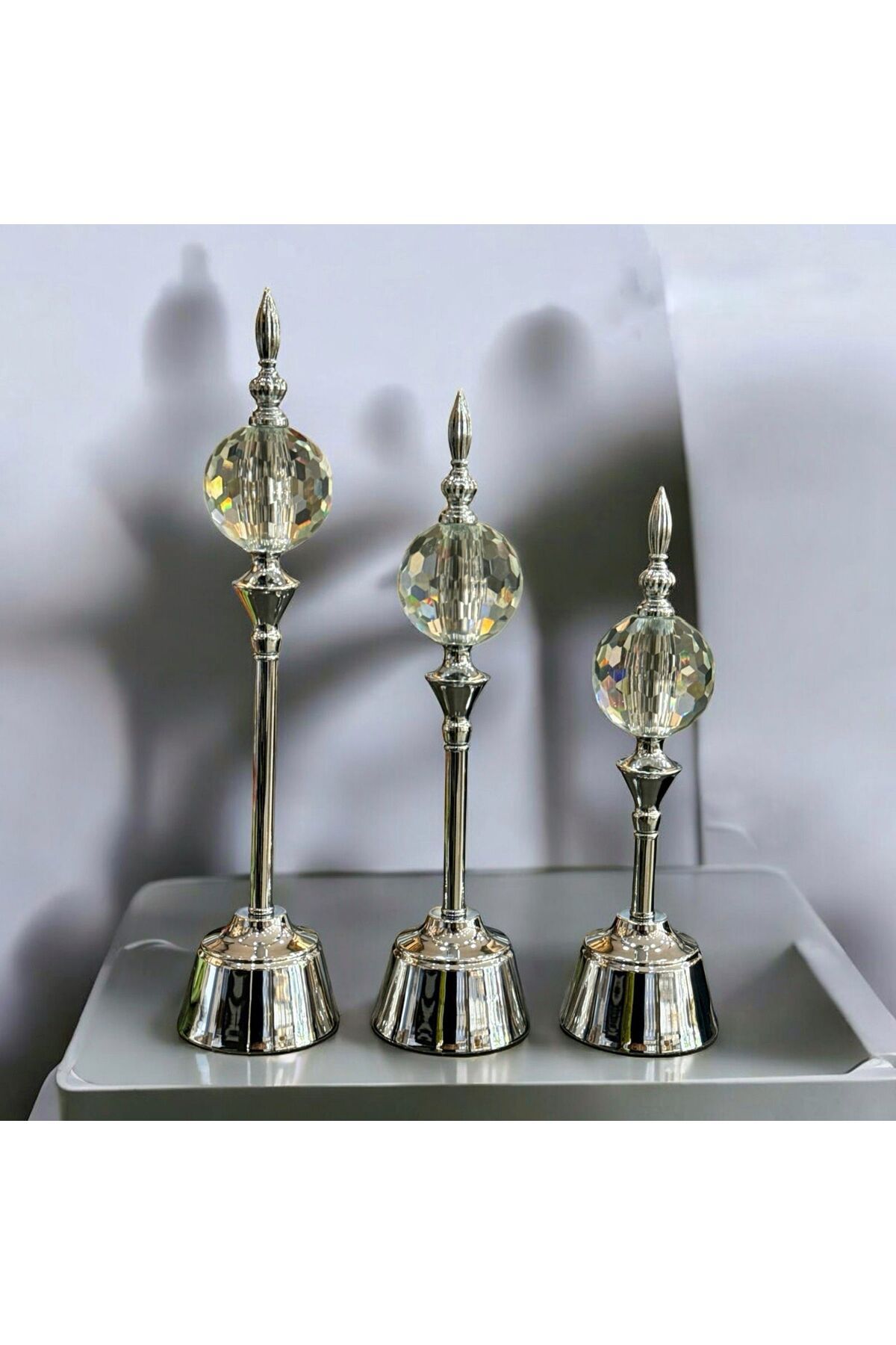 Hinora Kristal Taşlı 3lü Dekoratif Masa Süs Obje GÜMÜŞ