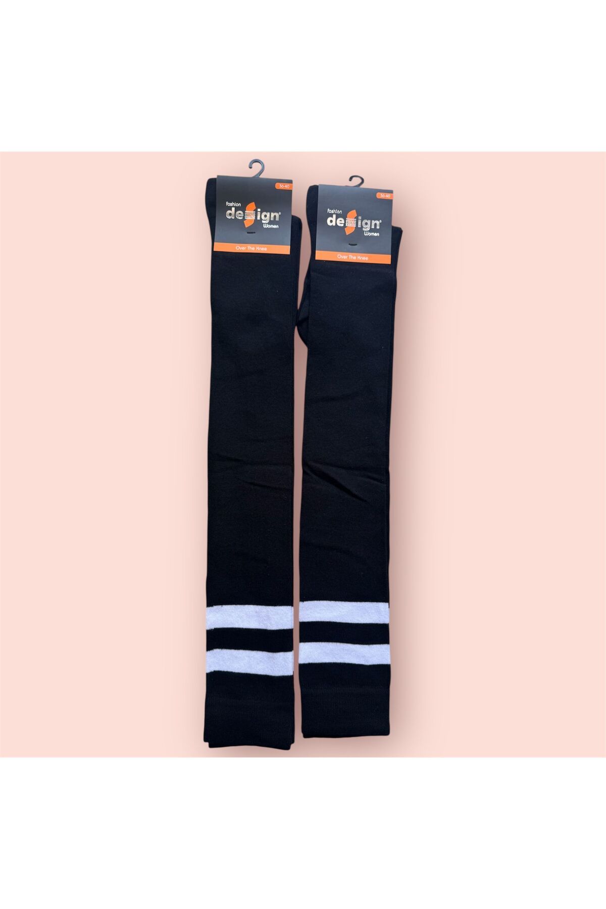 Design Socks Kadın Siyah Çizgili Pamuklu Diz Üstü Çorap