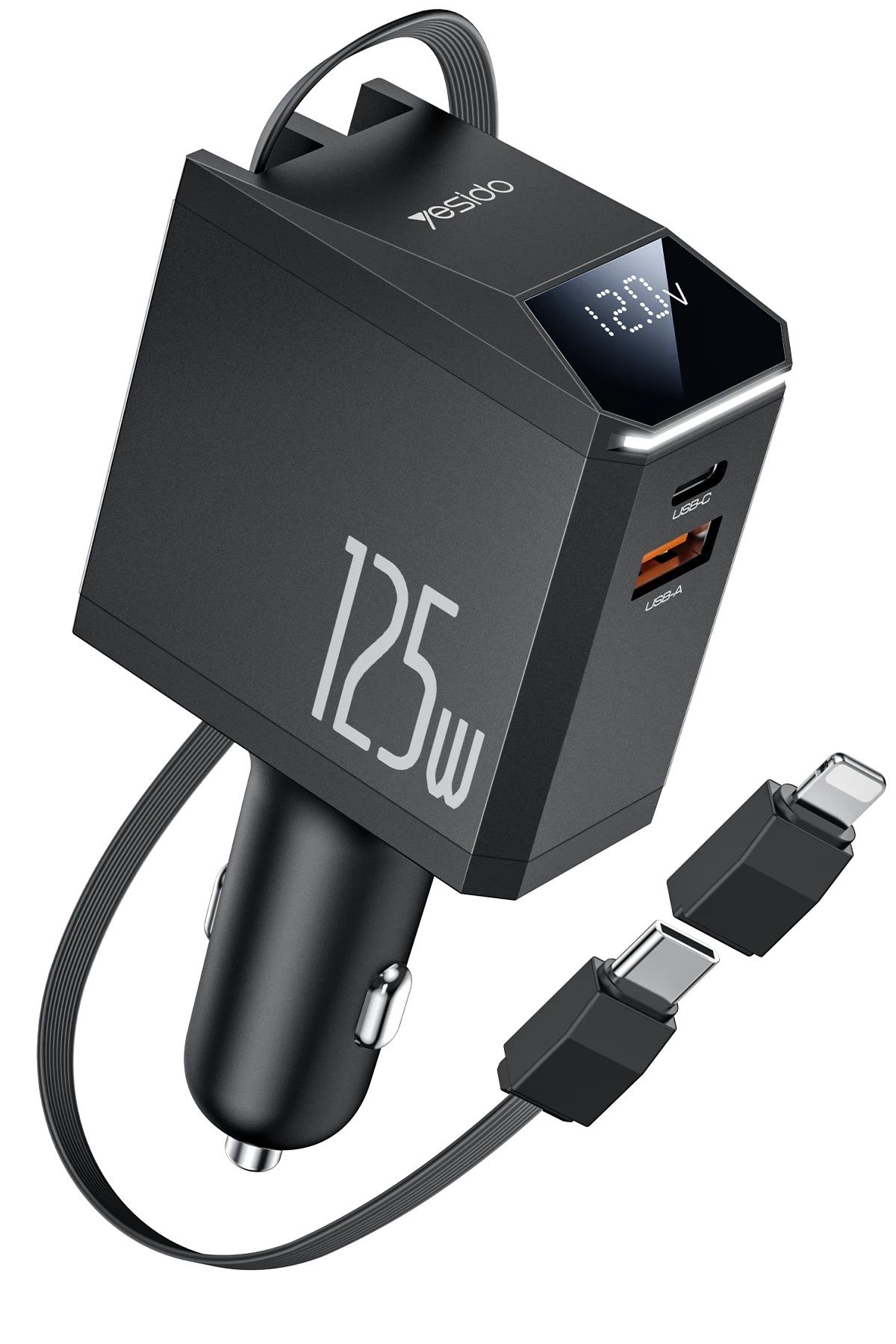 Yesido 125W Araç içi Şarj Aleti Type C to Lightning USB OTG Adaptör Çakmaklık Uzayabilen Dahili Kablolu Kit