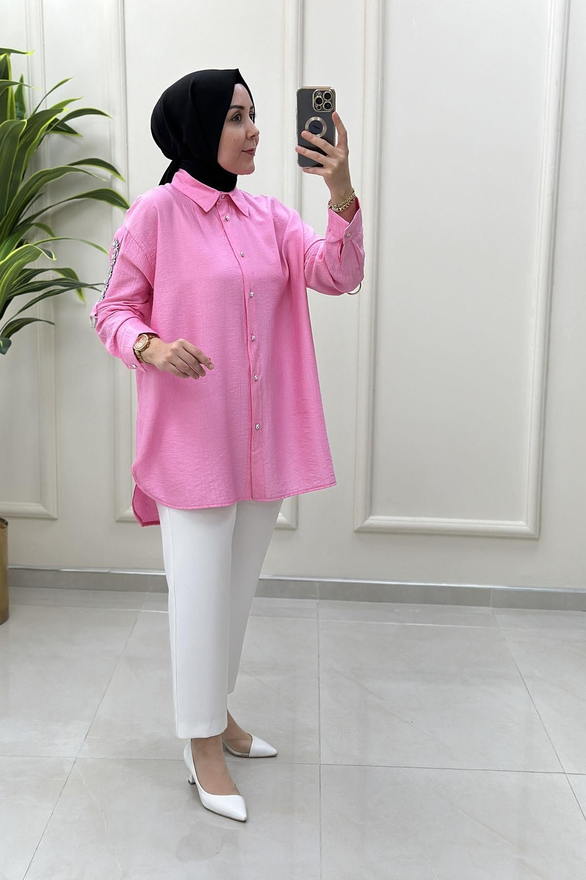 Miss Önü Düğmeli Katlama Kol Taş Detaylı Kadın Tunik Pembe MSE 3221