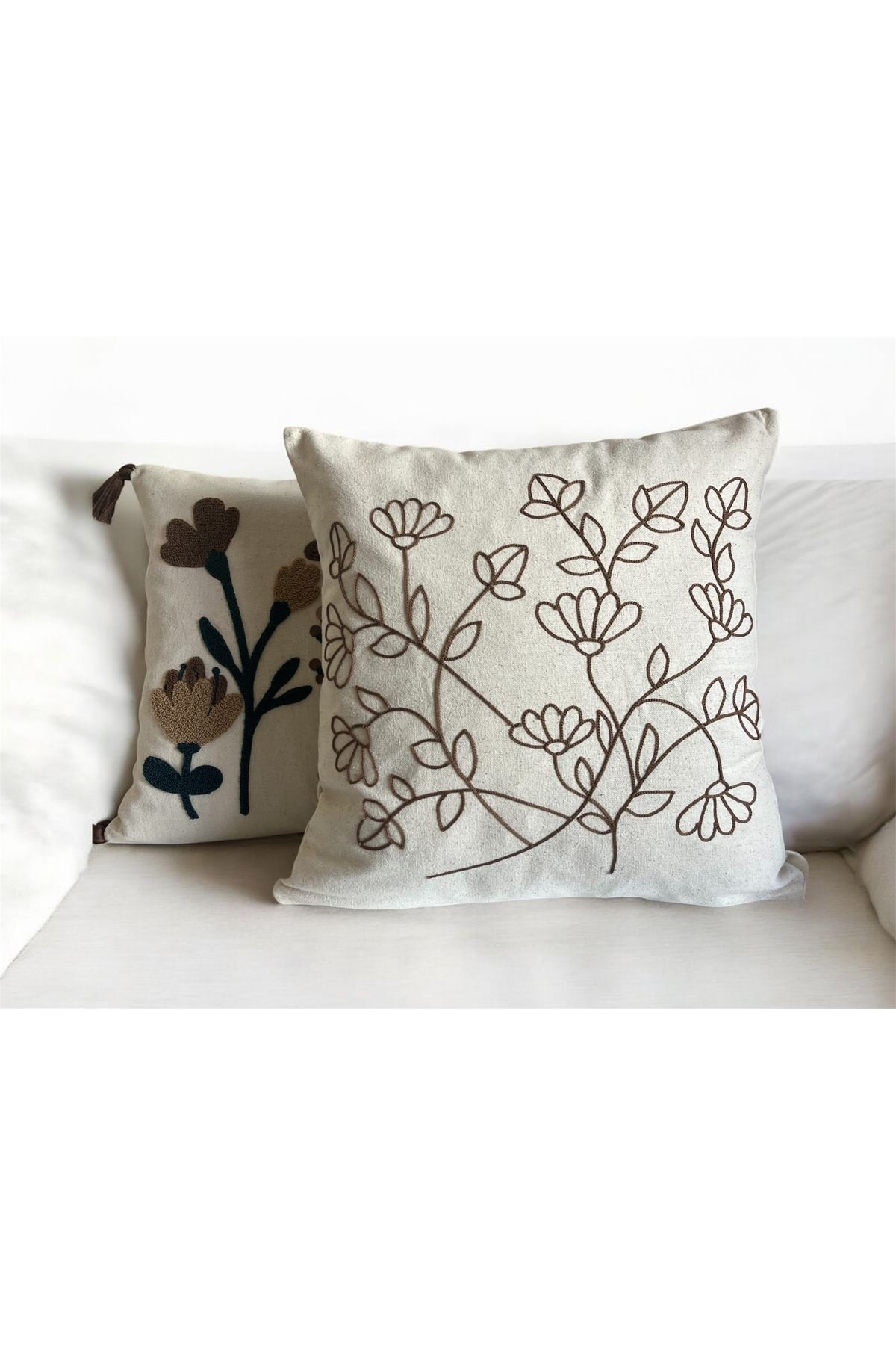 Havenleaf 2 li Punch İşlemeli Kahve Tonlarında Çiçek Desenli Kırlent Kılıfı – 43x43 cm, Keten Pamuk